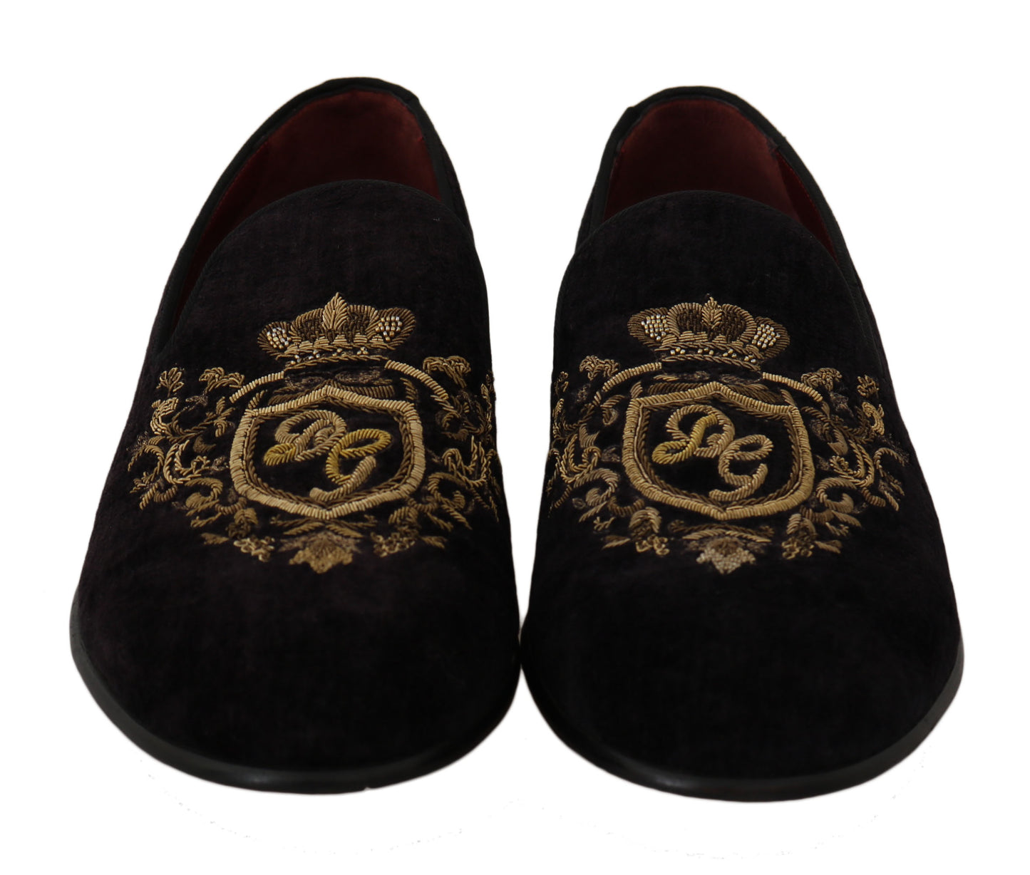 - Elegant Black Loafers with Gold Crown Embroidery