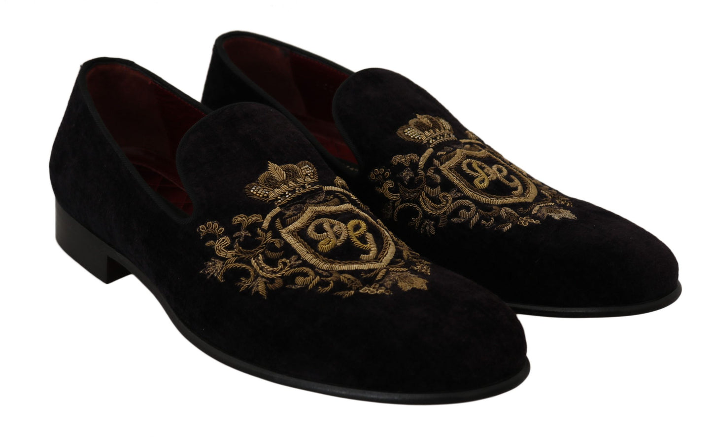 - Elegant Black Loafers with Gold Crown Embroidery