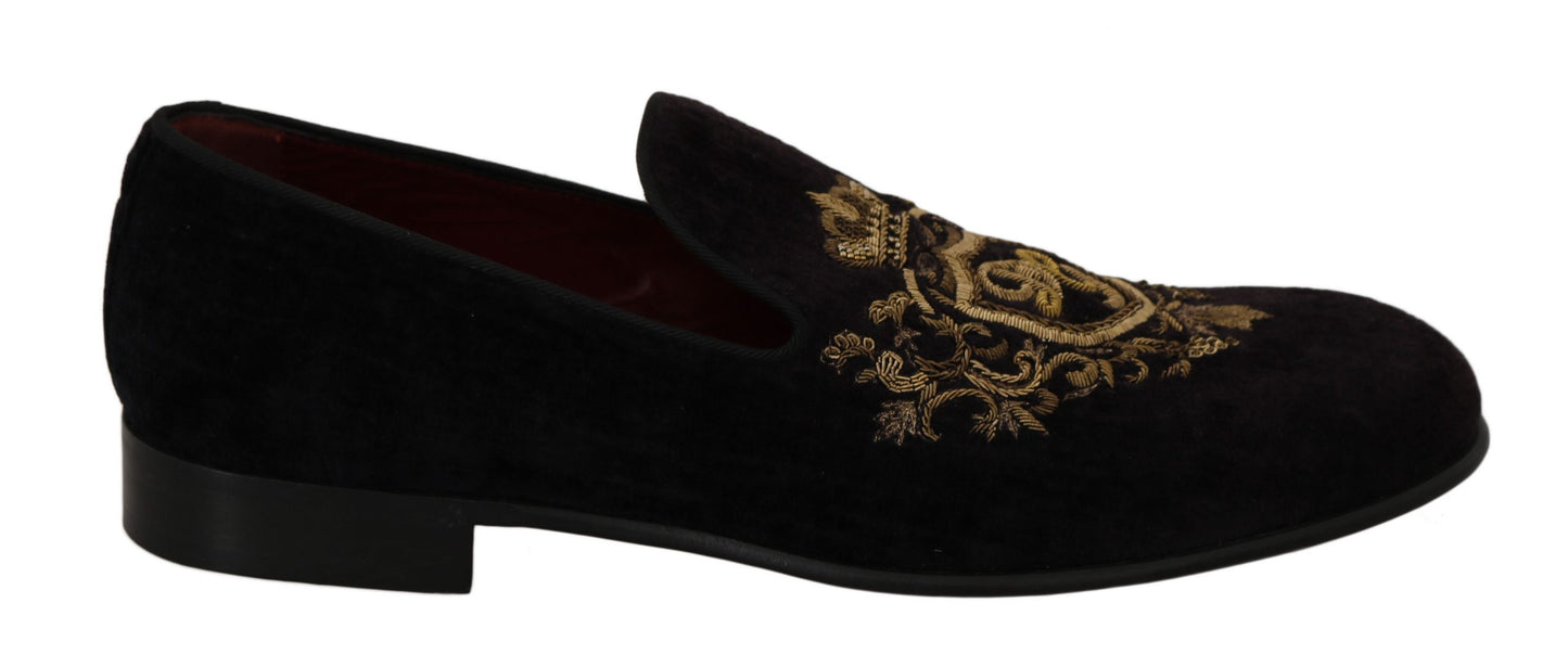 - Elegant Black Loafers with Gold Crown Embroidery