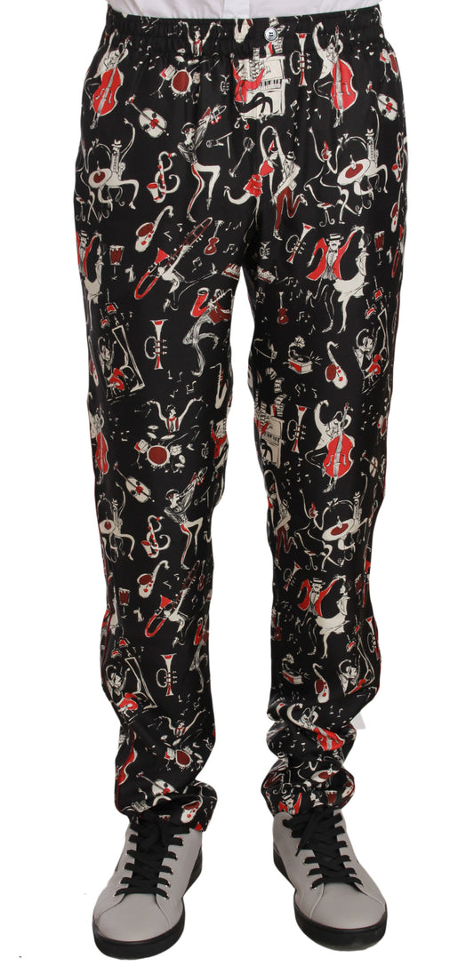 - Elegant Black Silk Lounge Pants with Red Print