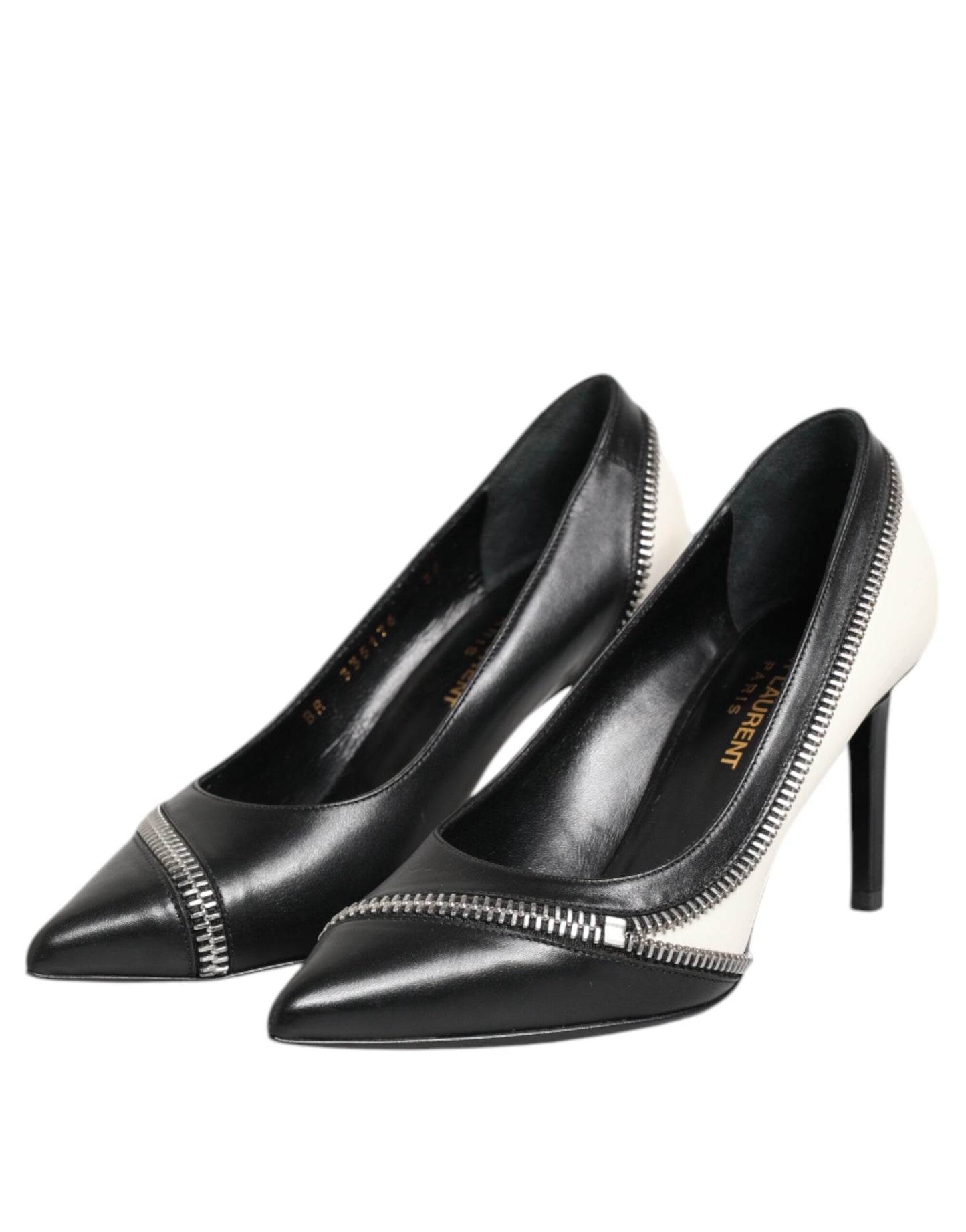 Saint Laurent White Black Leather Pointed Toe Heels