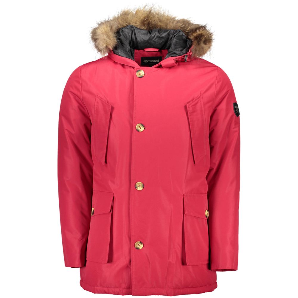 Roberto Cavalli Red Polyester Jacket with Removable Fur