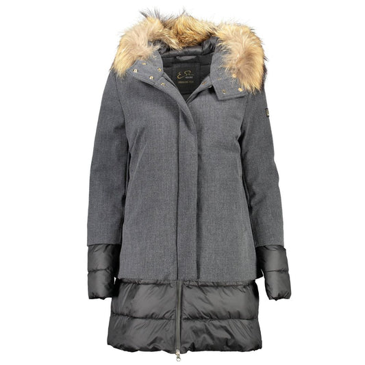 Yes Zee Gray Polyester Jacket with Removable Fur Hood