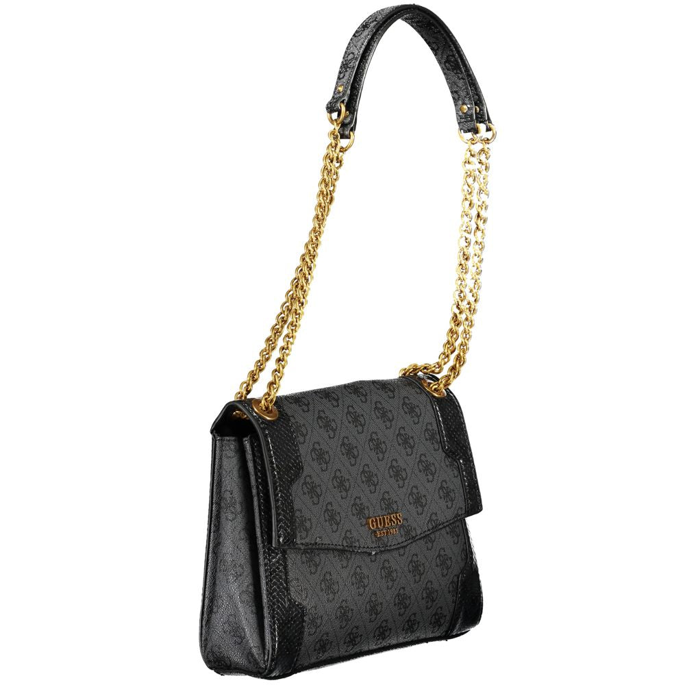 Guess Jeans Black AJIONA Chain Shoulder Bag – Faux Leather, Stylish Multi-Compartment Design