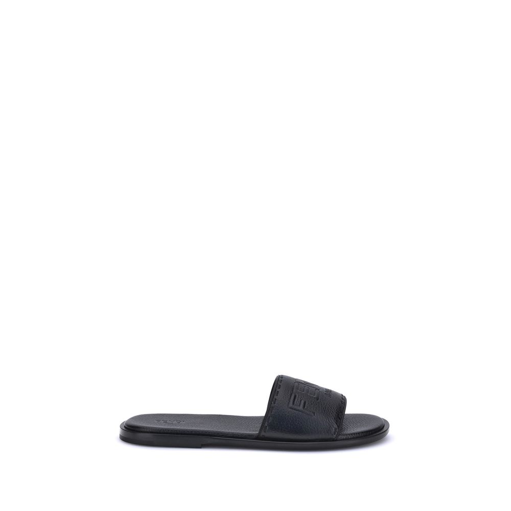 Fendi Logo Sandals in Black Grained Leather
