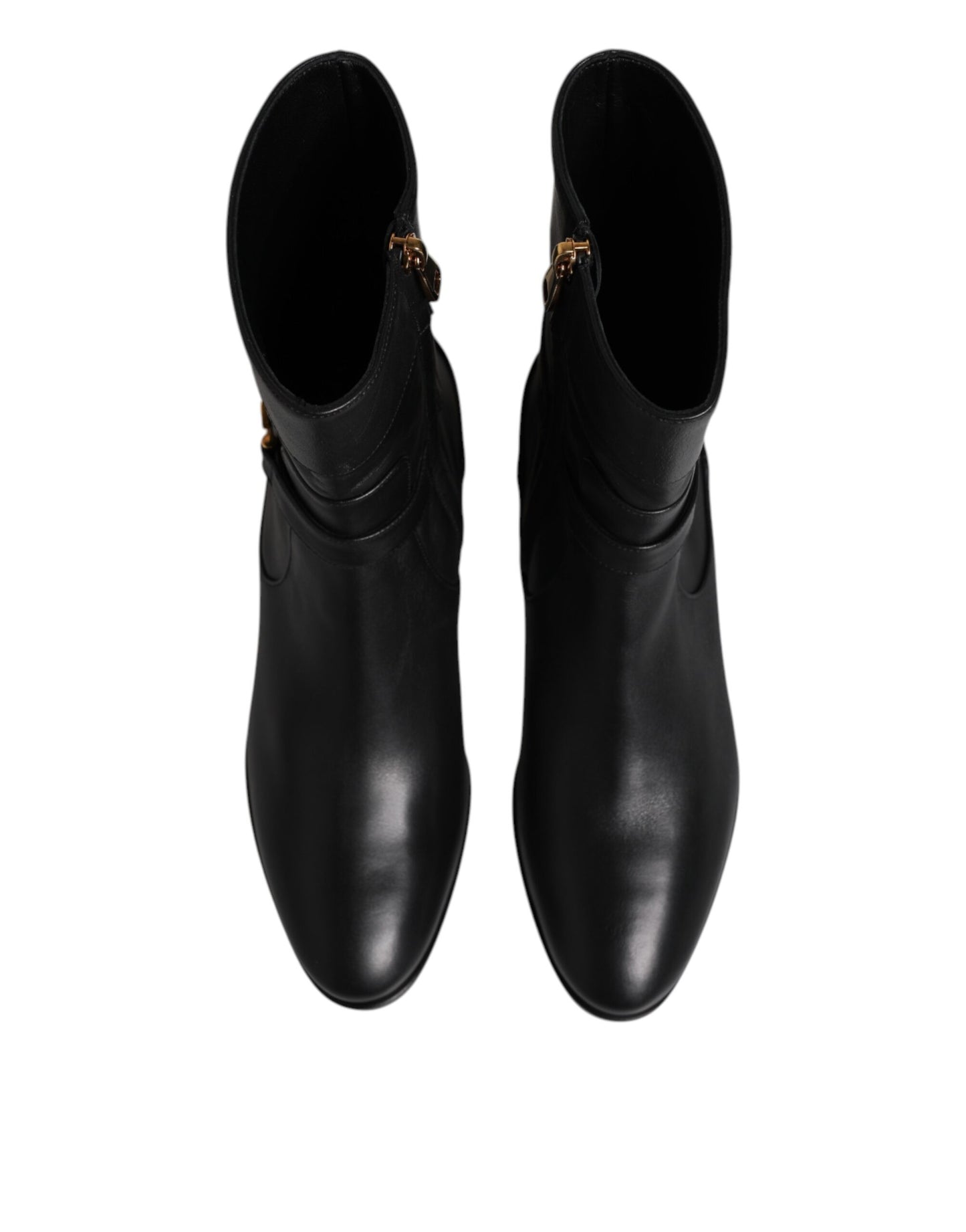 Dolce & Gabbana Black Leather Flats Logo Short Boots