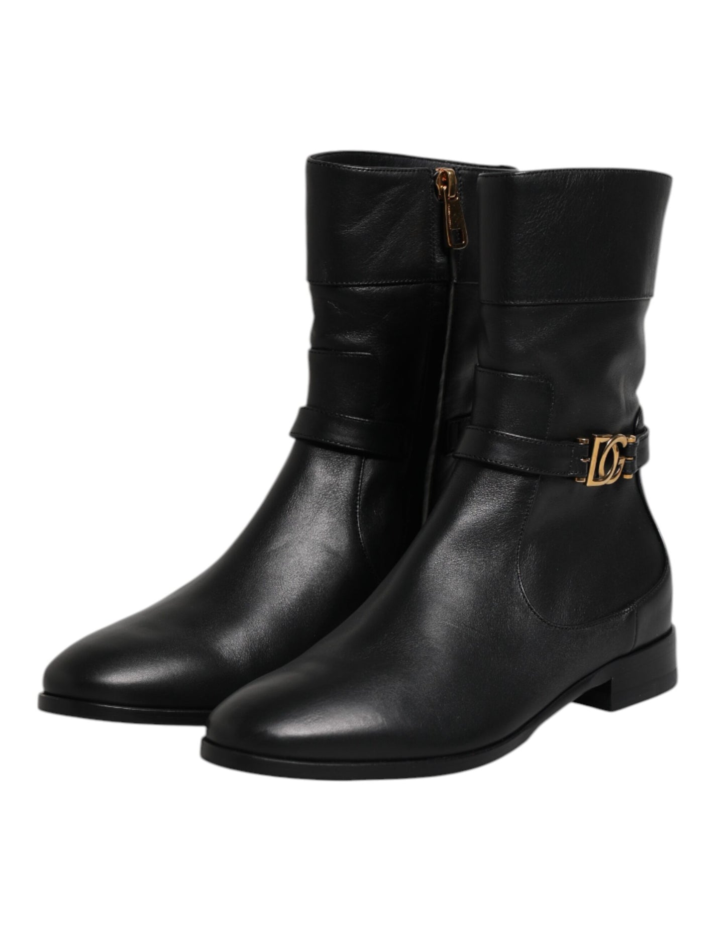 Dolce & Gabbana Black Leather Flats Logo Short Boots