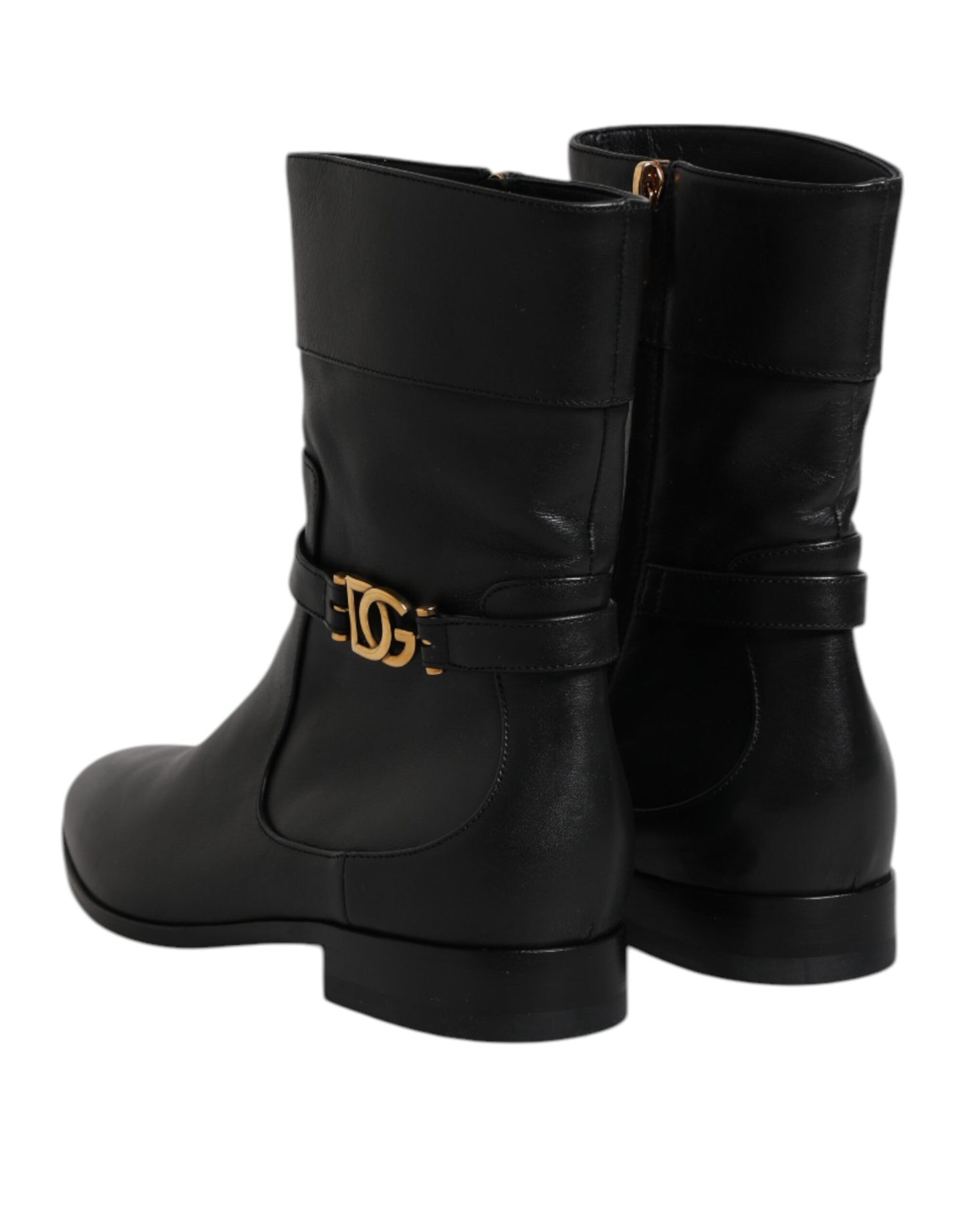 Dolce & Gabbana Black Leather Flats Logo Short Boots