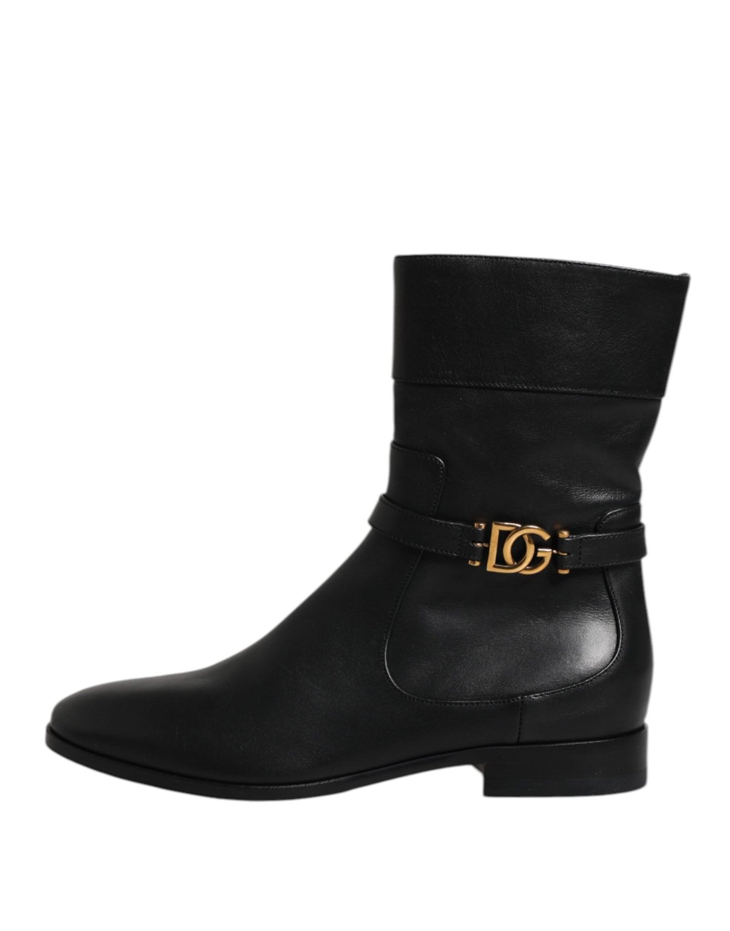 Dolce & Gabbana Black Leather Flats Logo Short Boots