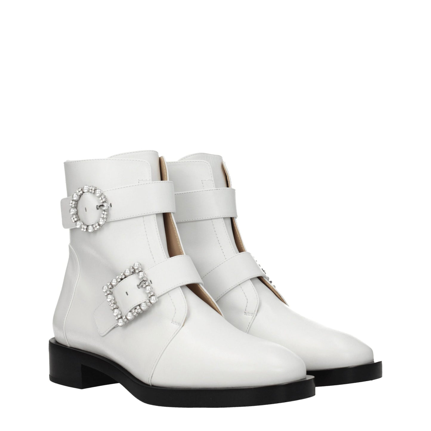 Stuart Weitzman White Leather Ankle Boots with Rhinestone Detail
