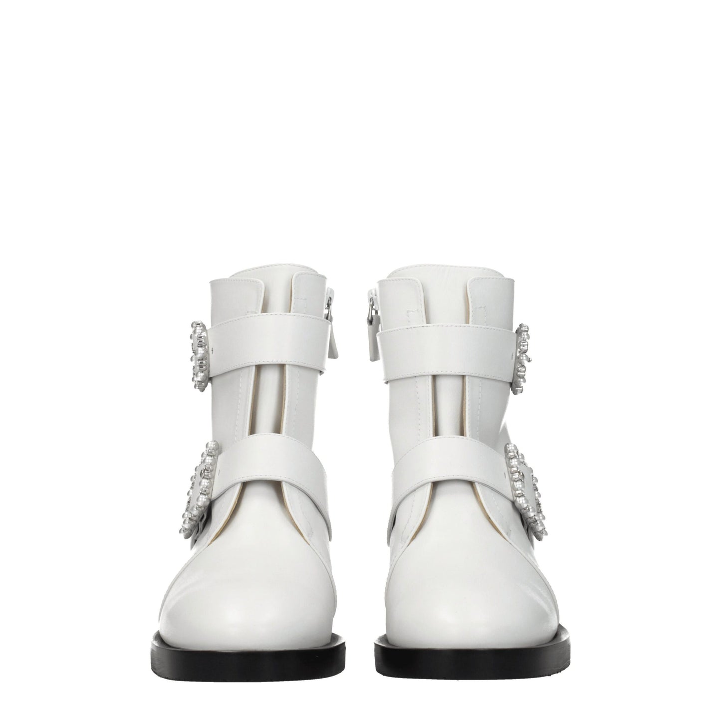 Stuart Weitzman White Leather Ankle Boots with Rhinestone Detail