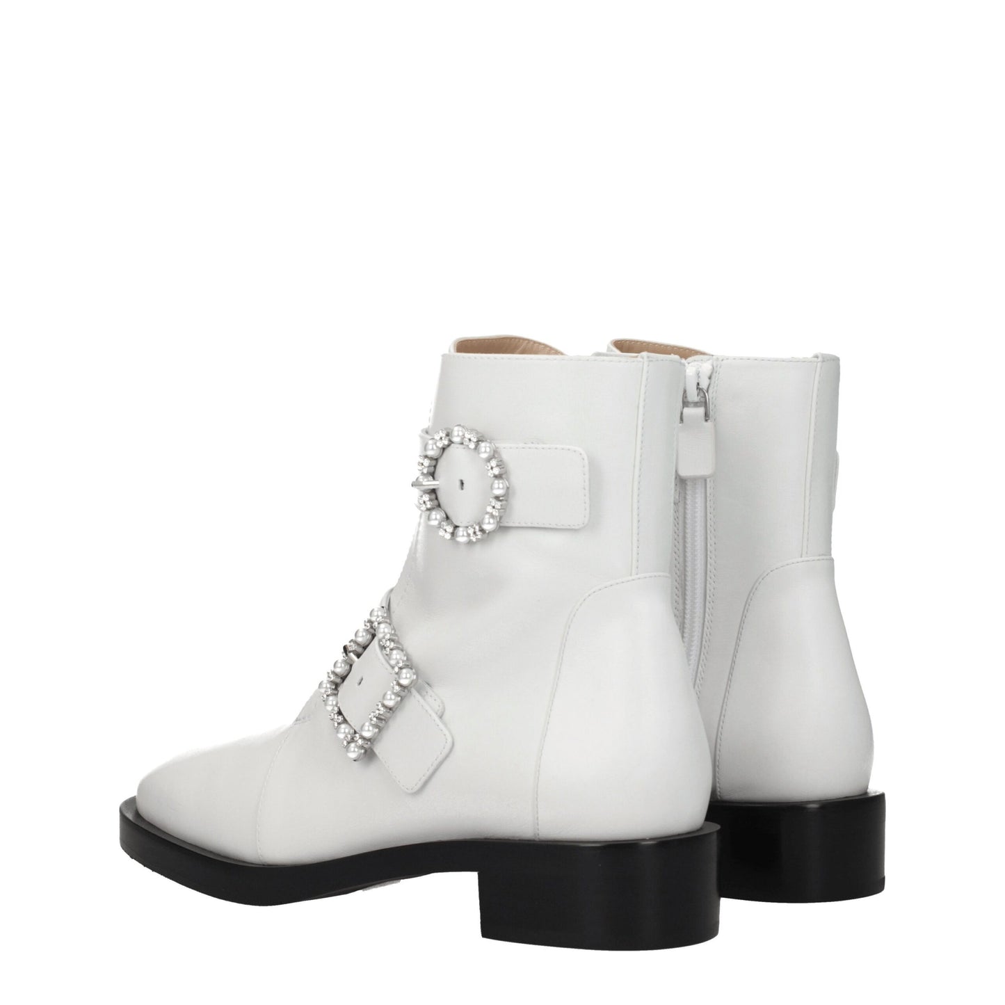 Stuart Weitzman White Leather Ankle Boots with Rhinestone Detail