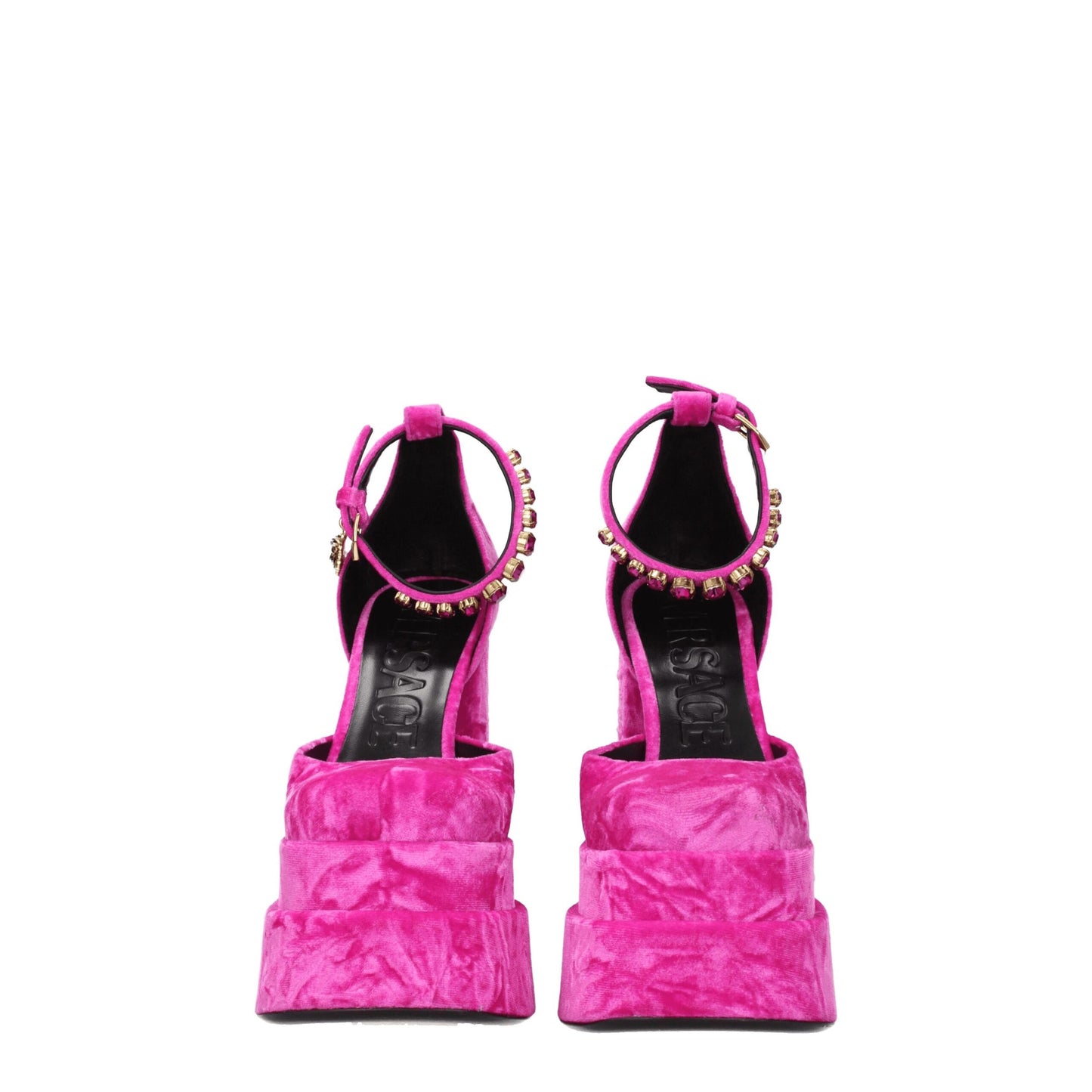 Versace Pink Velvet Sandal - Fuchsia High Heels with Rhinestone Detail