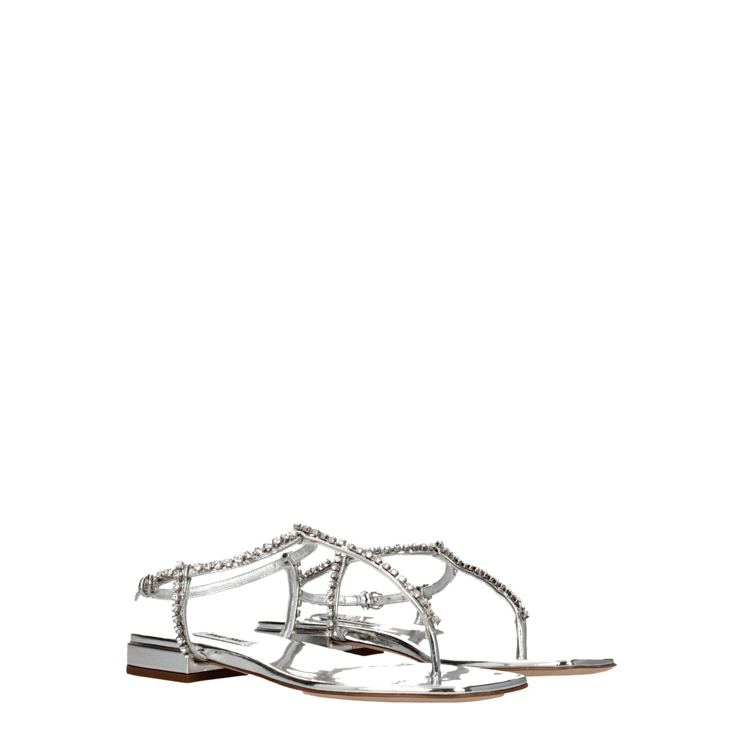 Miu Miu Gray Leather Flip-Flop Sandal with Rhinestones