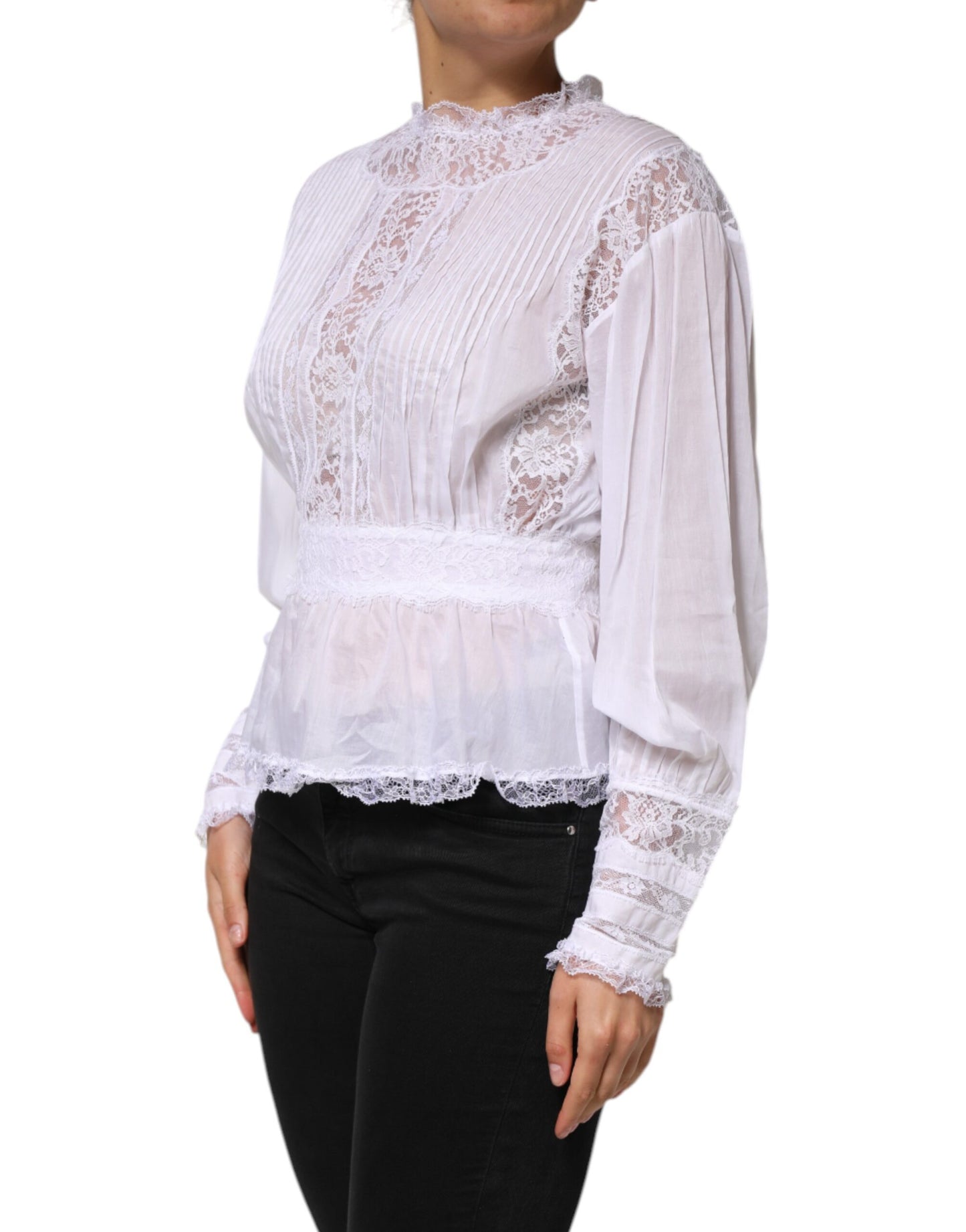 Dolce & Gabbana White Floral Lace Long Sleeves Top