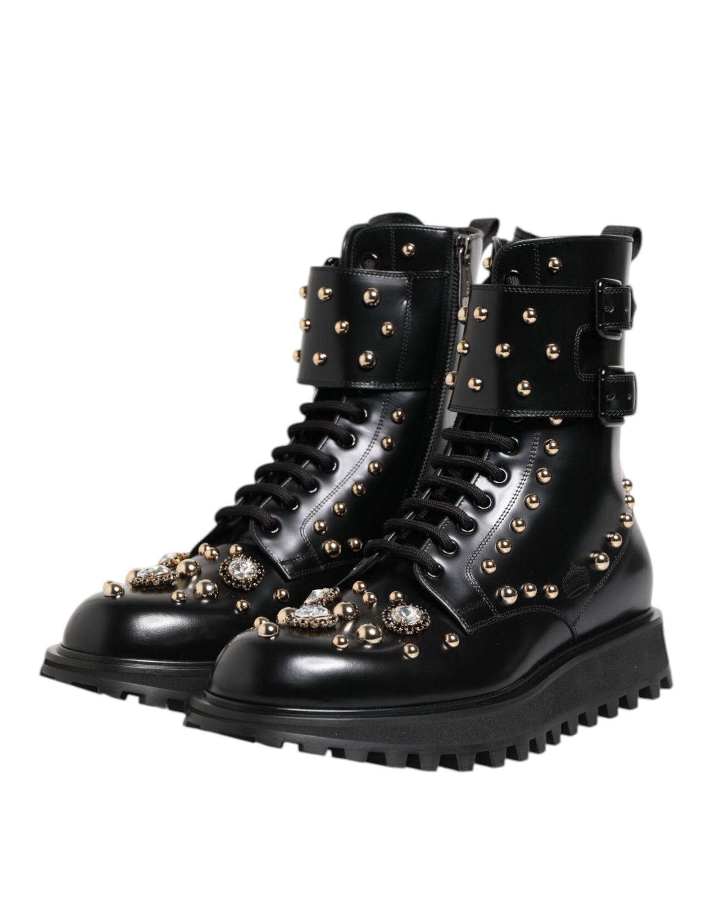 Dolce & Gabbana Black Studded Lace Up Mid Calf Boots