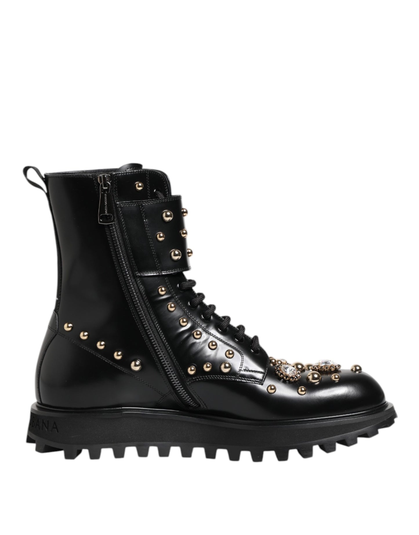 Dolce & Gabbana Black Studded Lace Up Mid Calf Boots