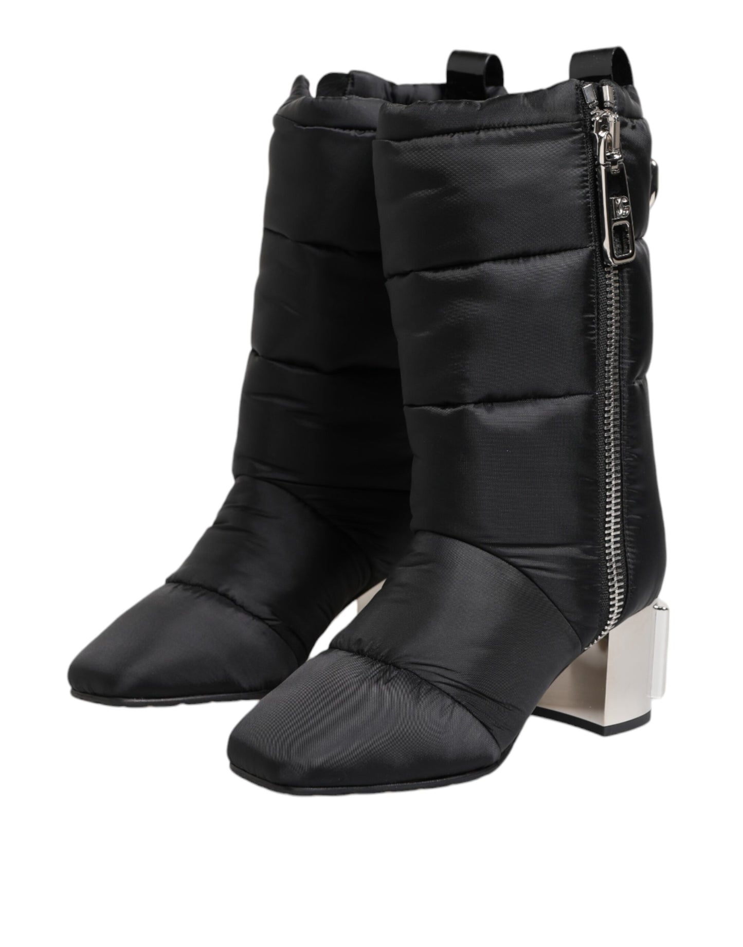 Dolce & Gabbana Black Padded Mid Calf Logo Heel Boots