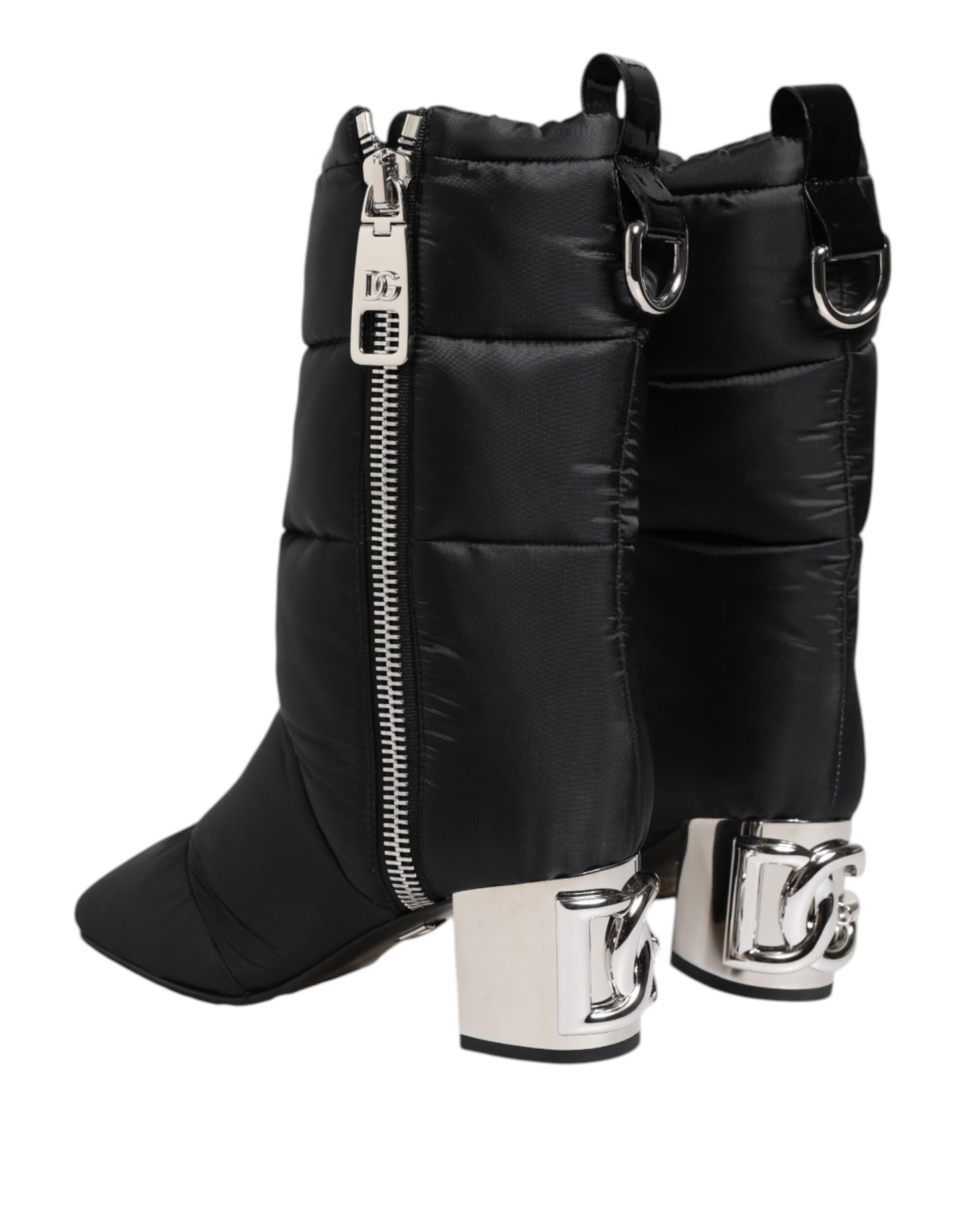 Dolce & Gabbana Black Padded Mid Calf Logo Heel Boots