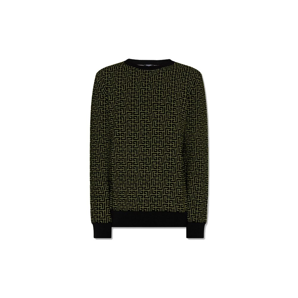 Balmain Green Wool Sweater with Logo Pattern