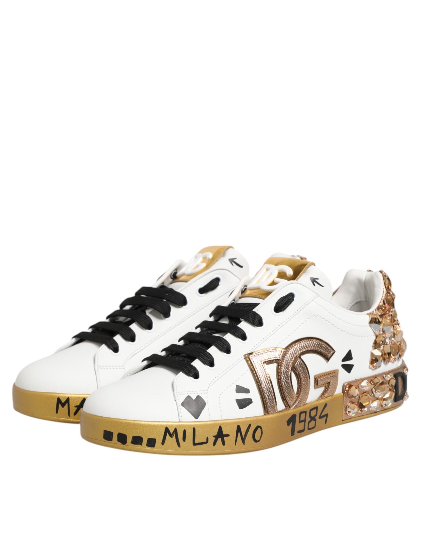 Dolce & Gabbana White Gold Crystal Portofino Sneakers