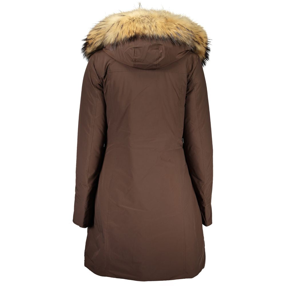 Woolrich Brown Cotton Long Jacket with Hood