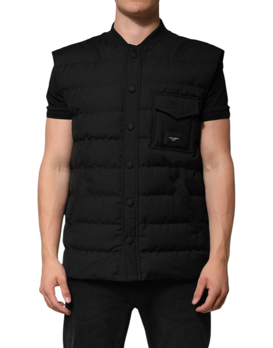 Dolce & Gabbana Black Sleeveless Parka Jacket with Logo Plaque