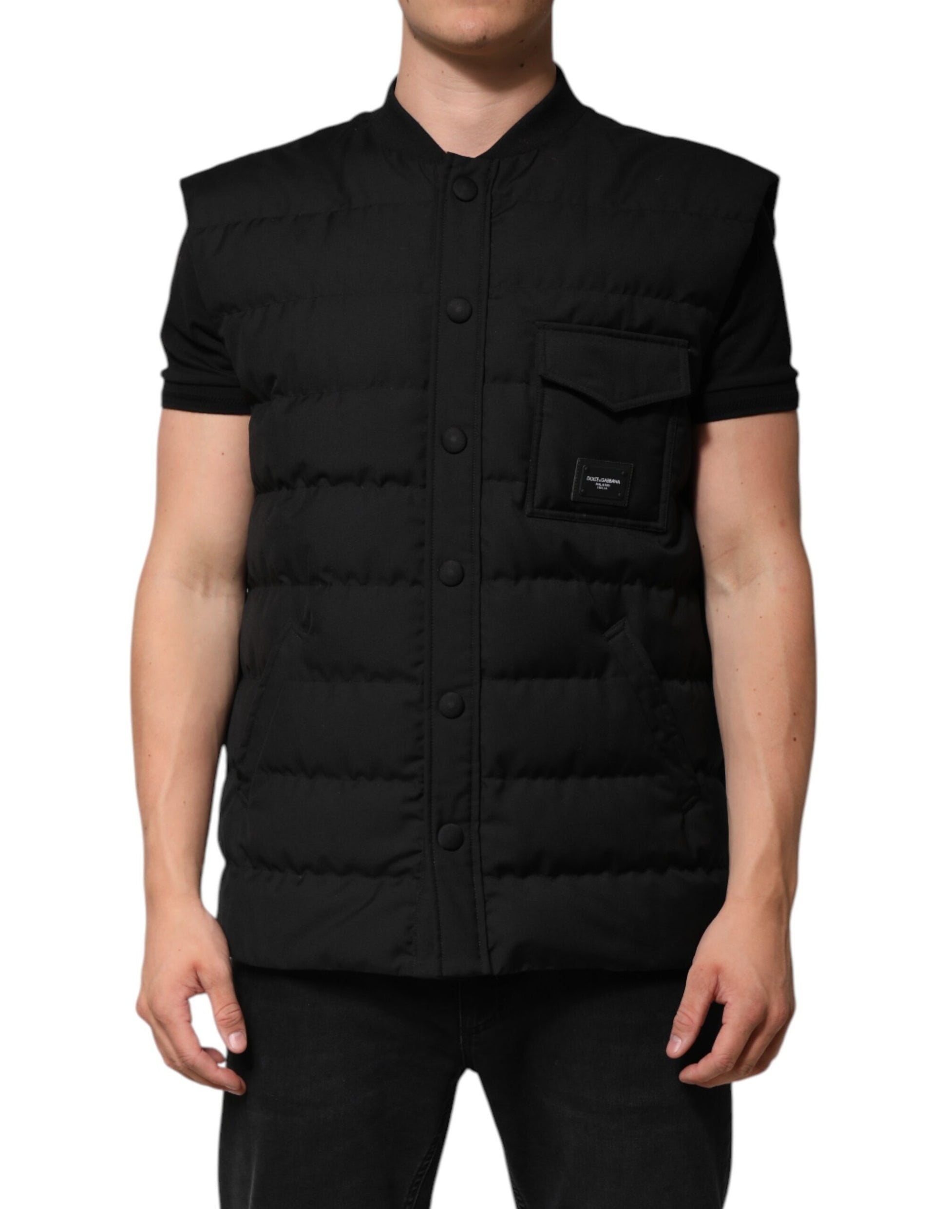 Dolce & Gabbana Black Sleeveless Parka Jacket with Logo Plaque