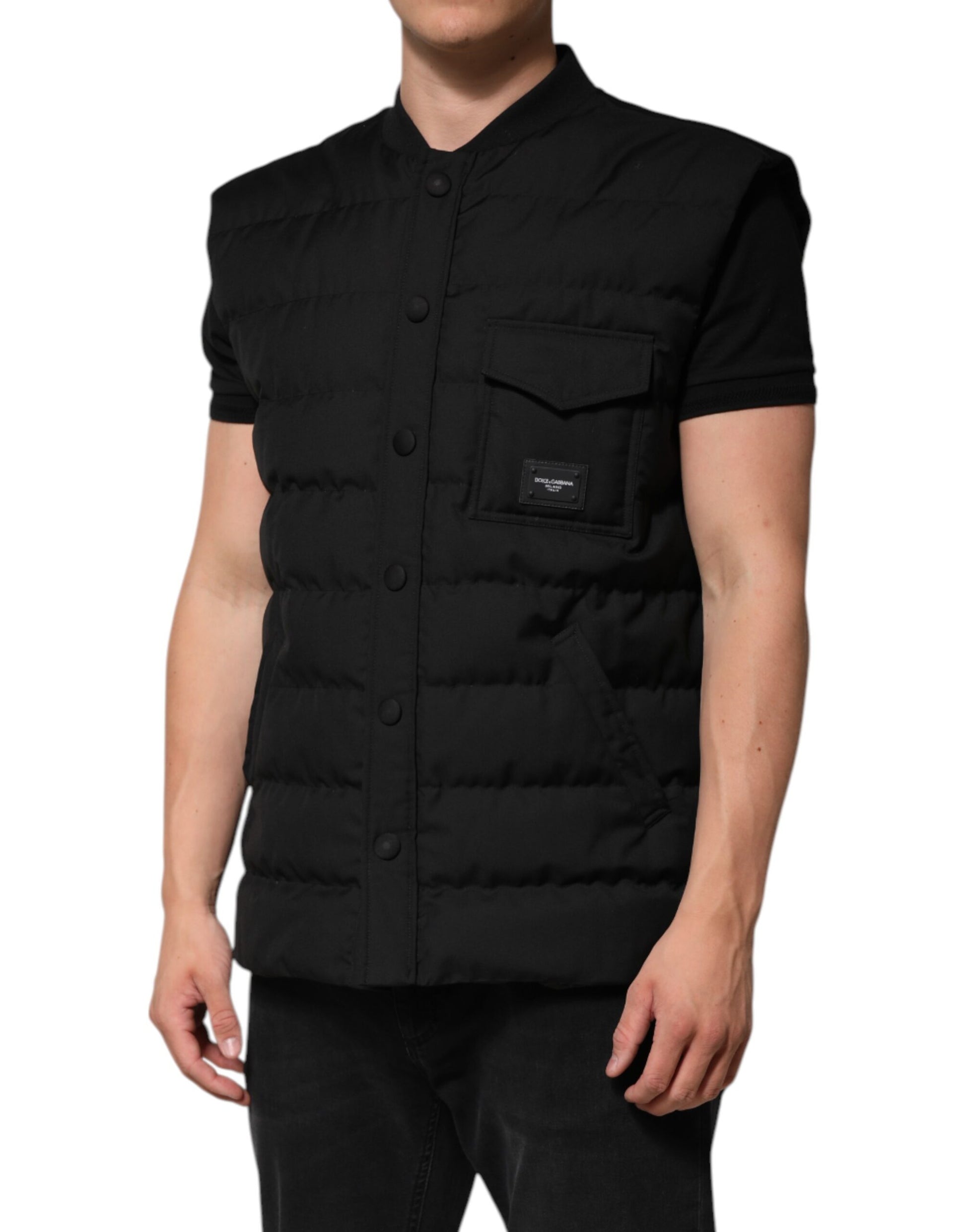 Dolce & Gabbana Black Sleeveless Parka Jacket with Logo Plaque
