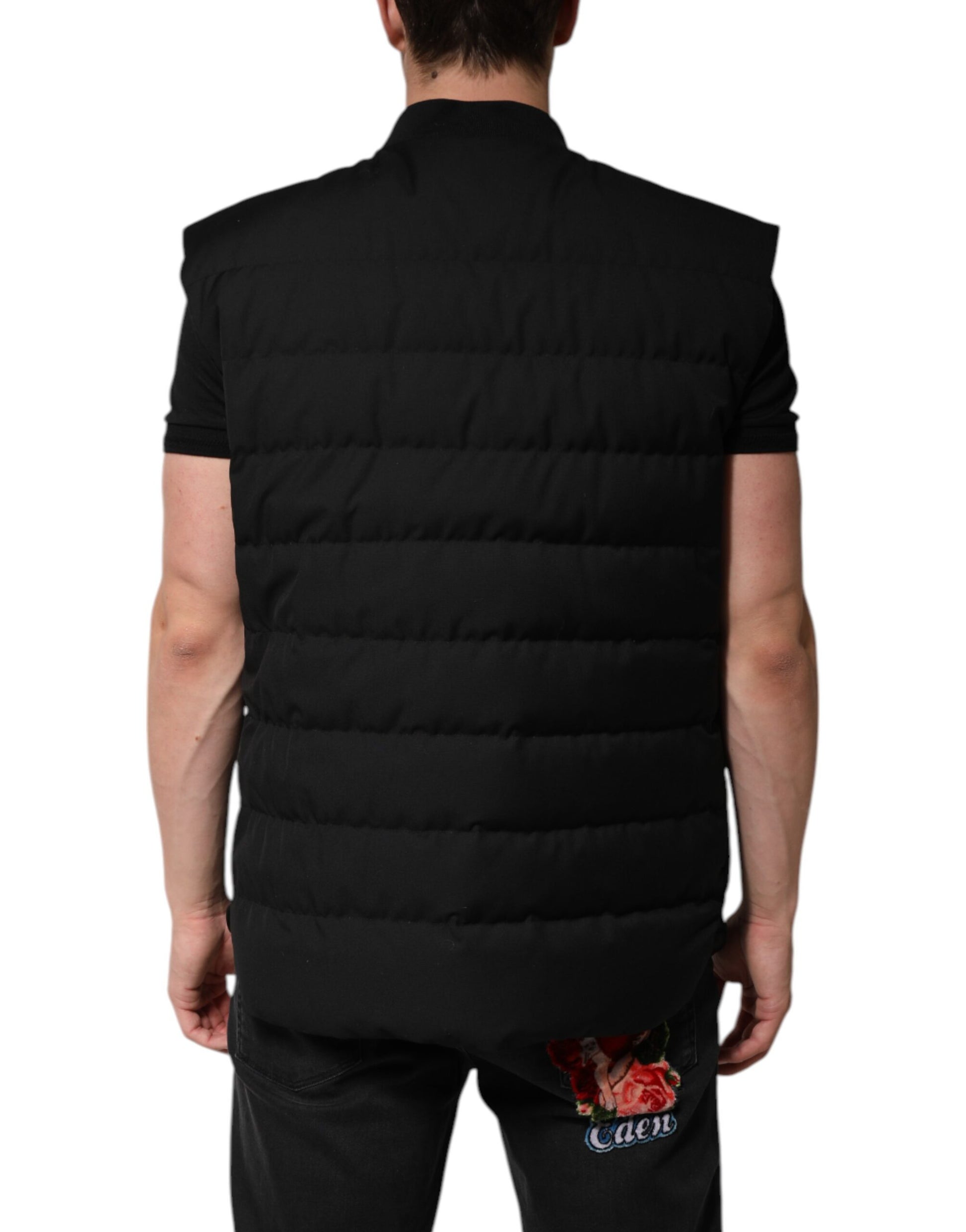 Dolce & Gabbana Black Sleeveless Parka Jacket with Logo Plaque