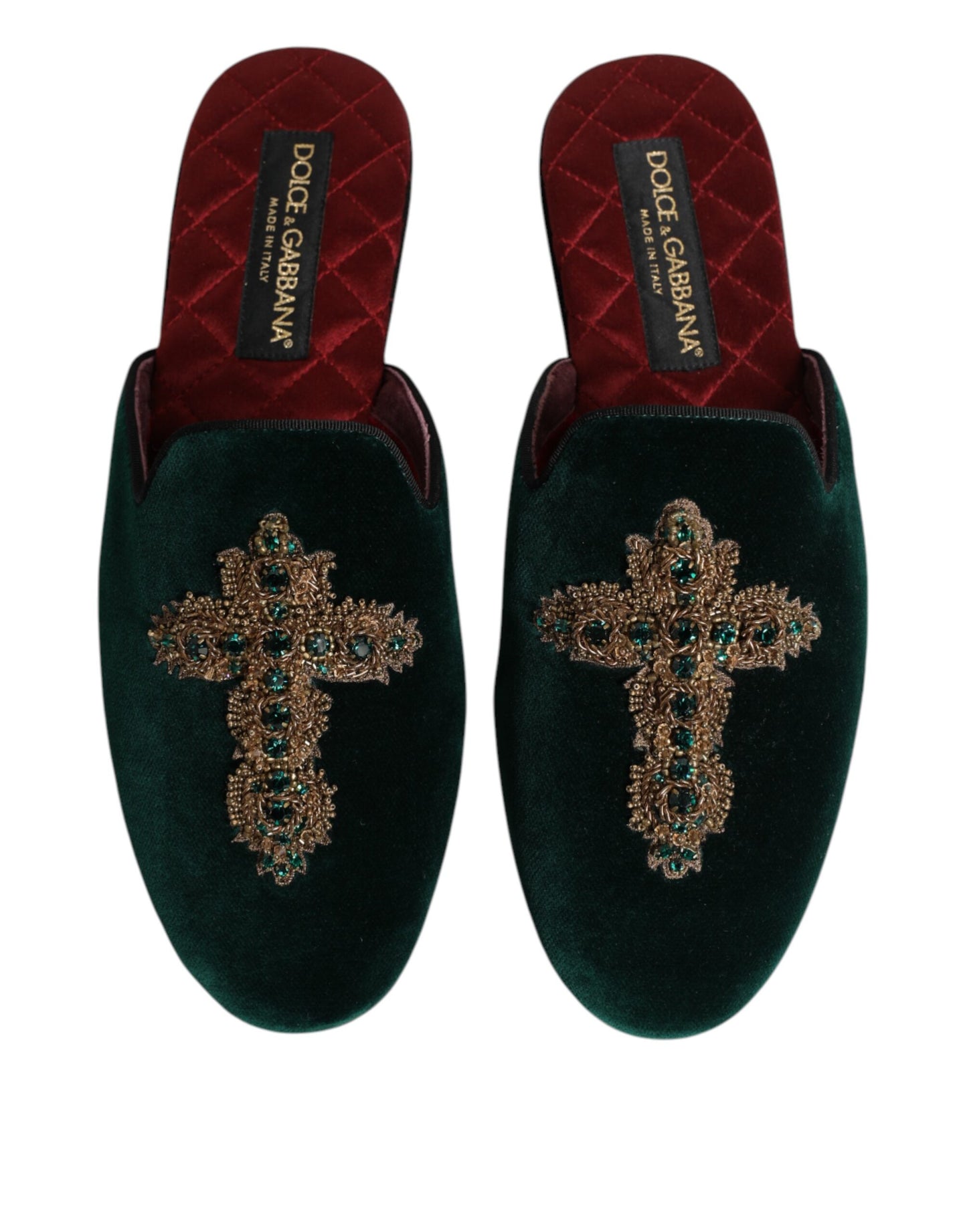 Dolce & Gabbana Green Velvet Cross Embellished Slippers