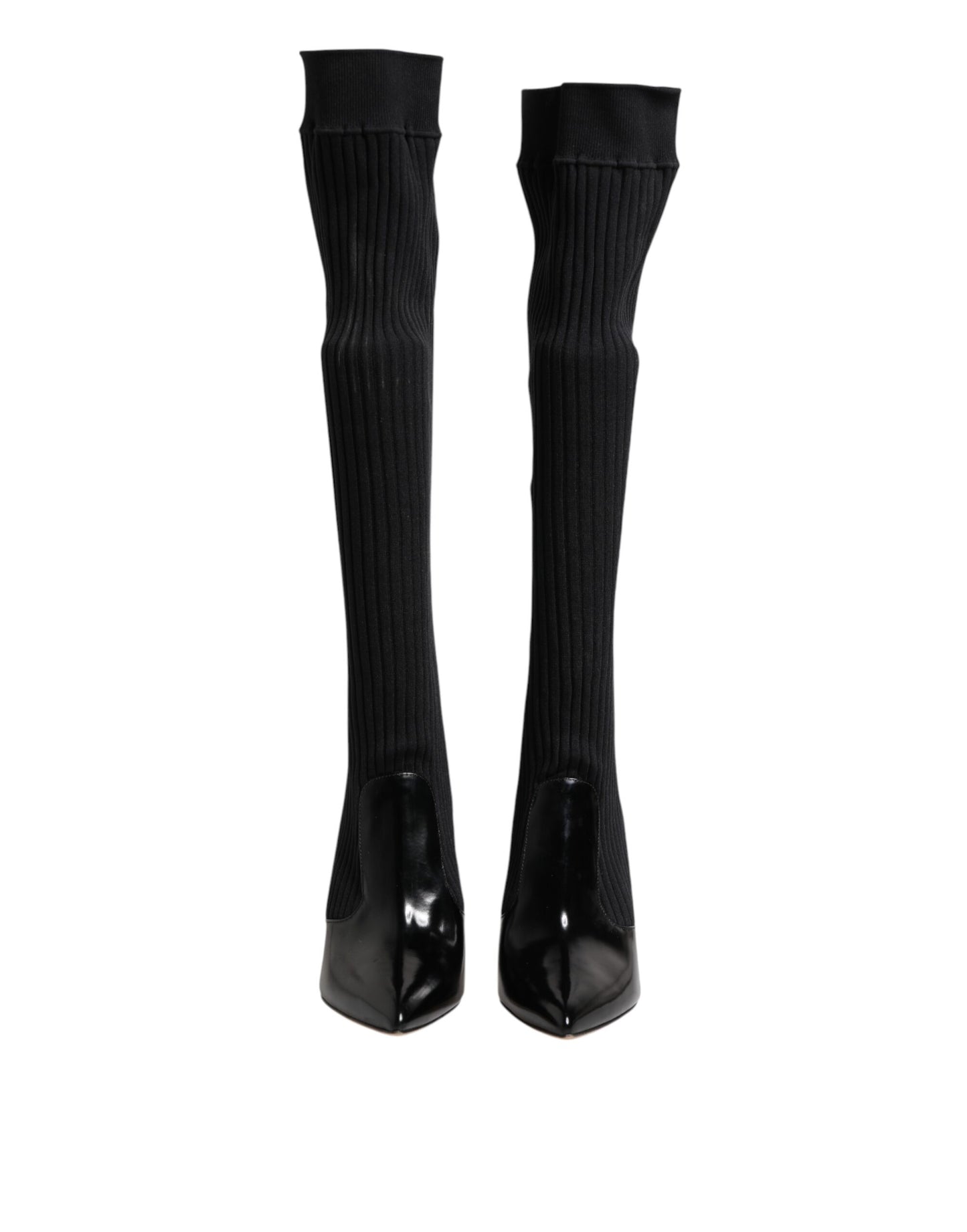 Dolce & Gabbana Black Leather Ribbed Knit Knee Boots