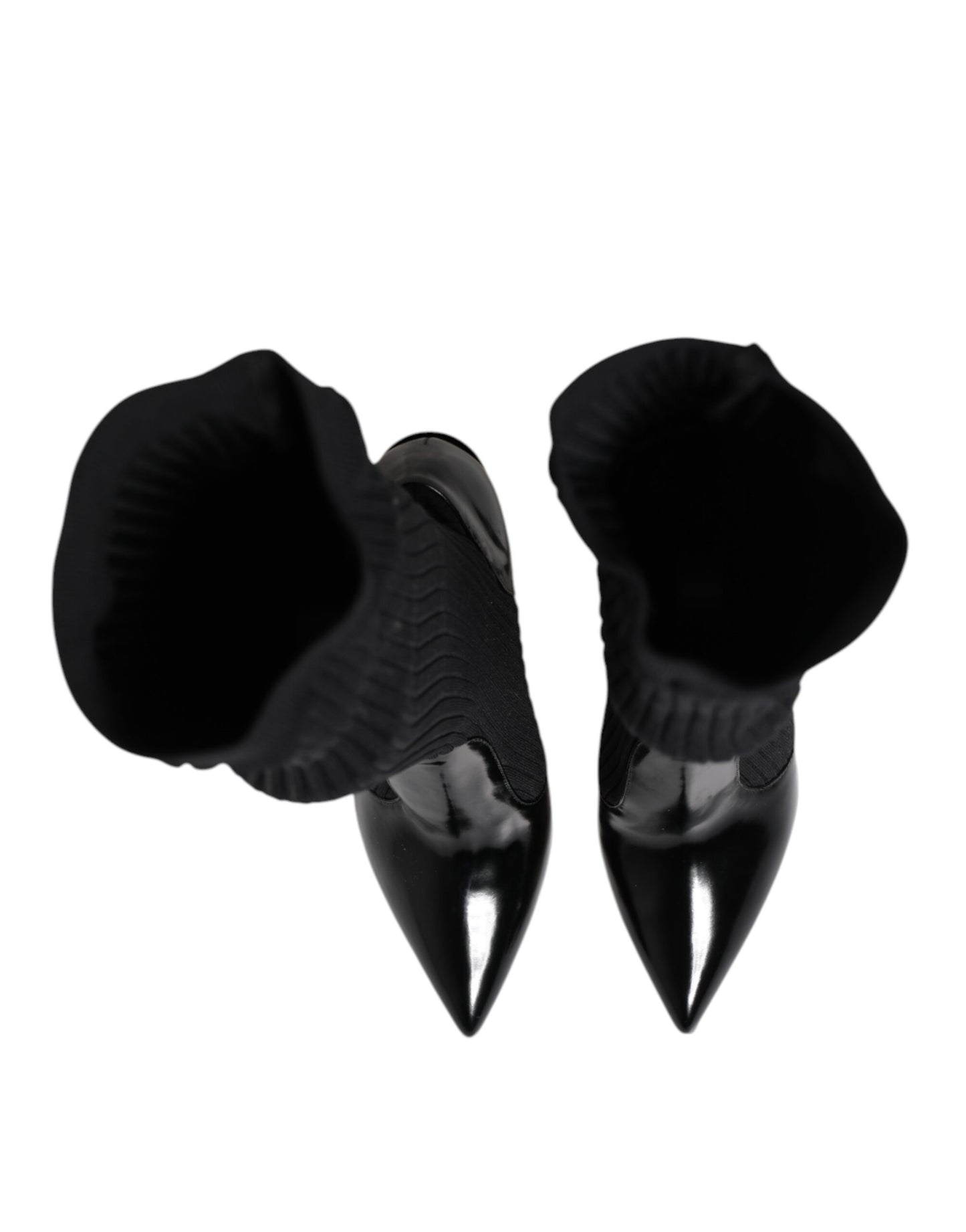 Dolce & Gabbana Black Leather Ribbed Knit Knee Boots