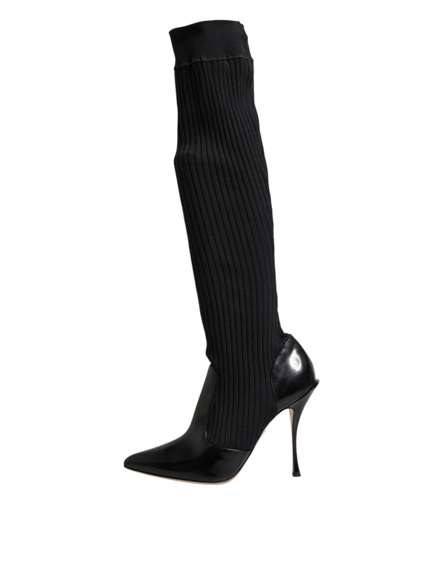 Dolce & Gabbana Black Leather Ribbed Knit Knee Boots