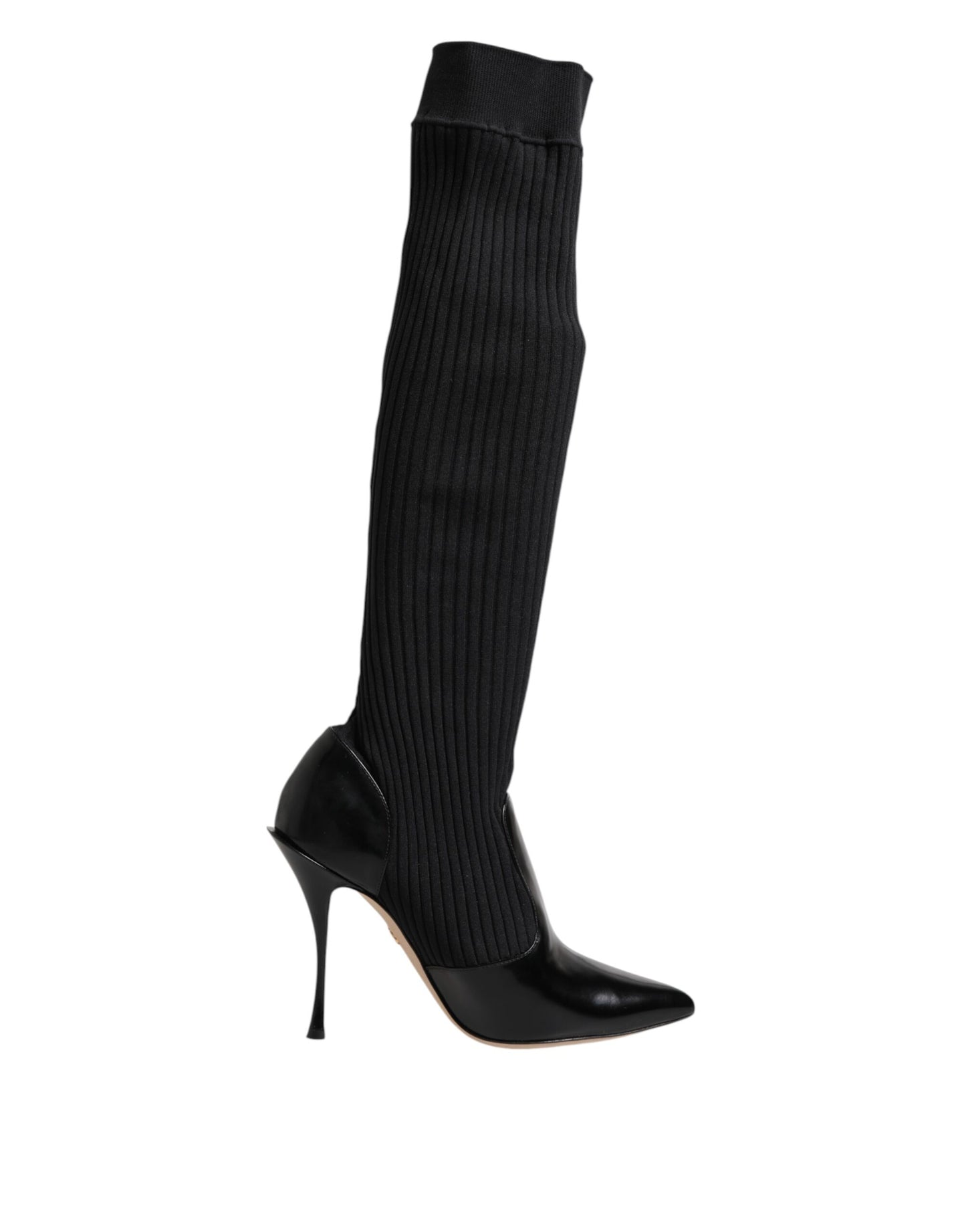 Dolce & Gabbana Black Leather Ribbed Knit Knee Boots
