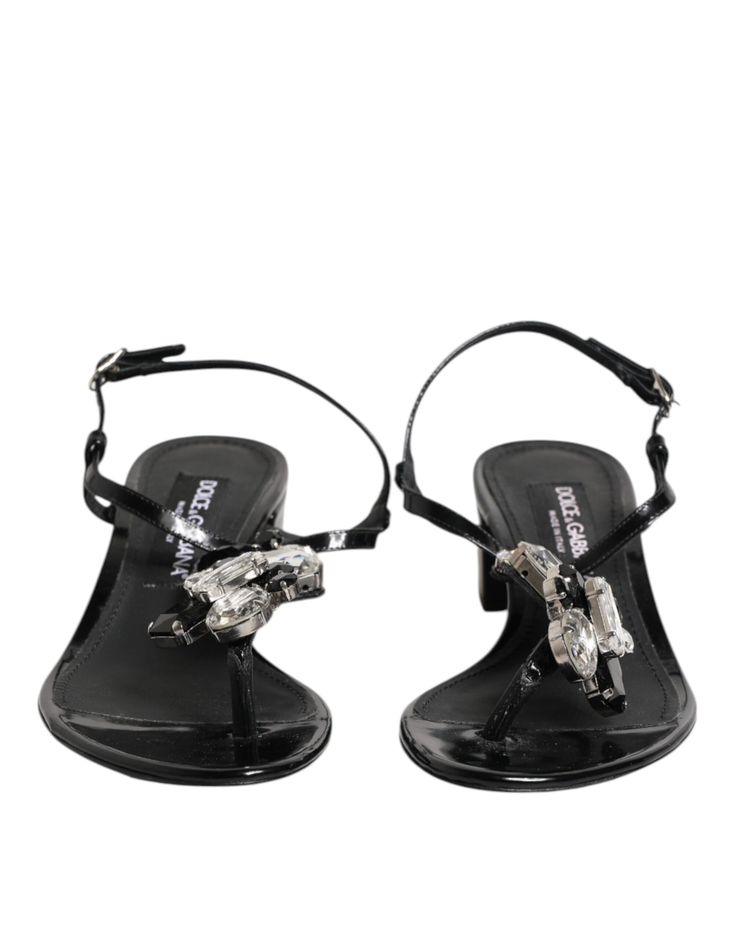 Dolce & Gabbana Black Leather Crystal Ankle Strap Sandals