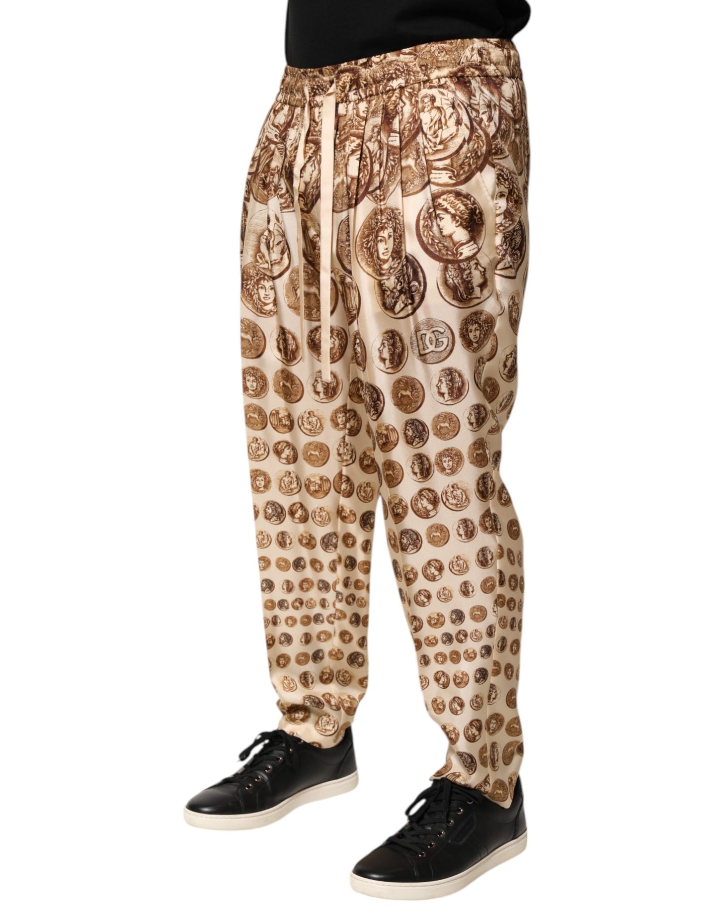 Dolce & Gabbana Beige Coin Print Silk Twill Jogger Pants