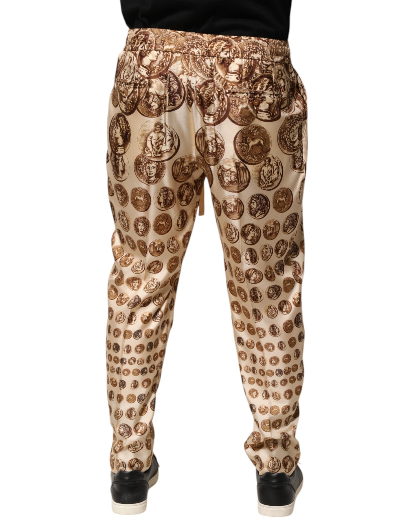 Dolce & Gabbana Beige Coin Print Silk Twill Jogger Pants
