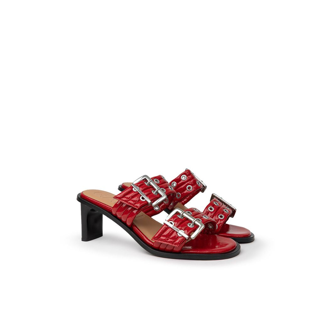 Ganni Red Leather Sandal with Perforated Studs
