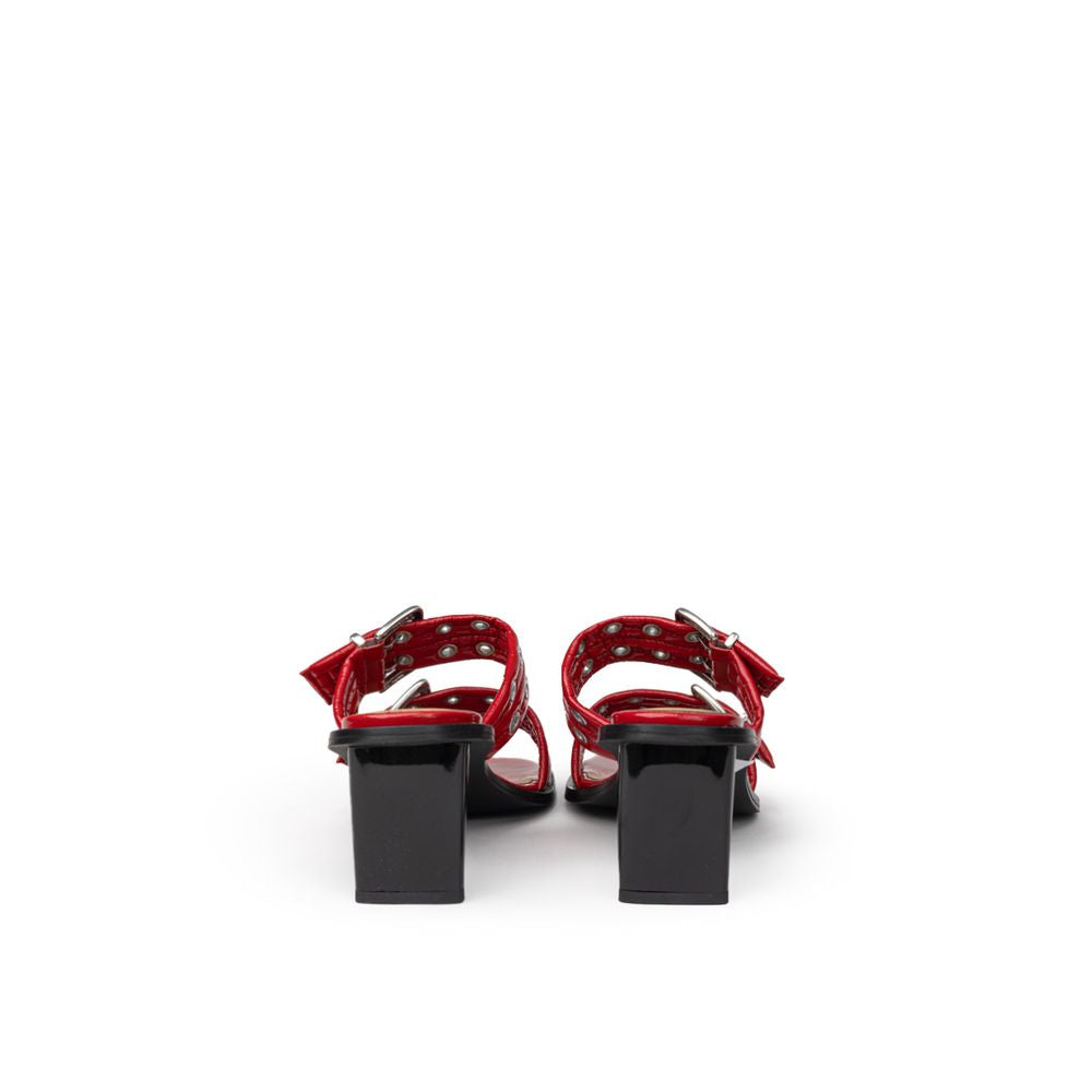 Ganni Red Leather Sandal with Perforated Studs