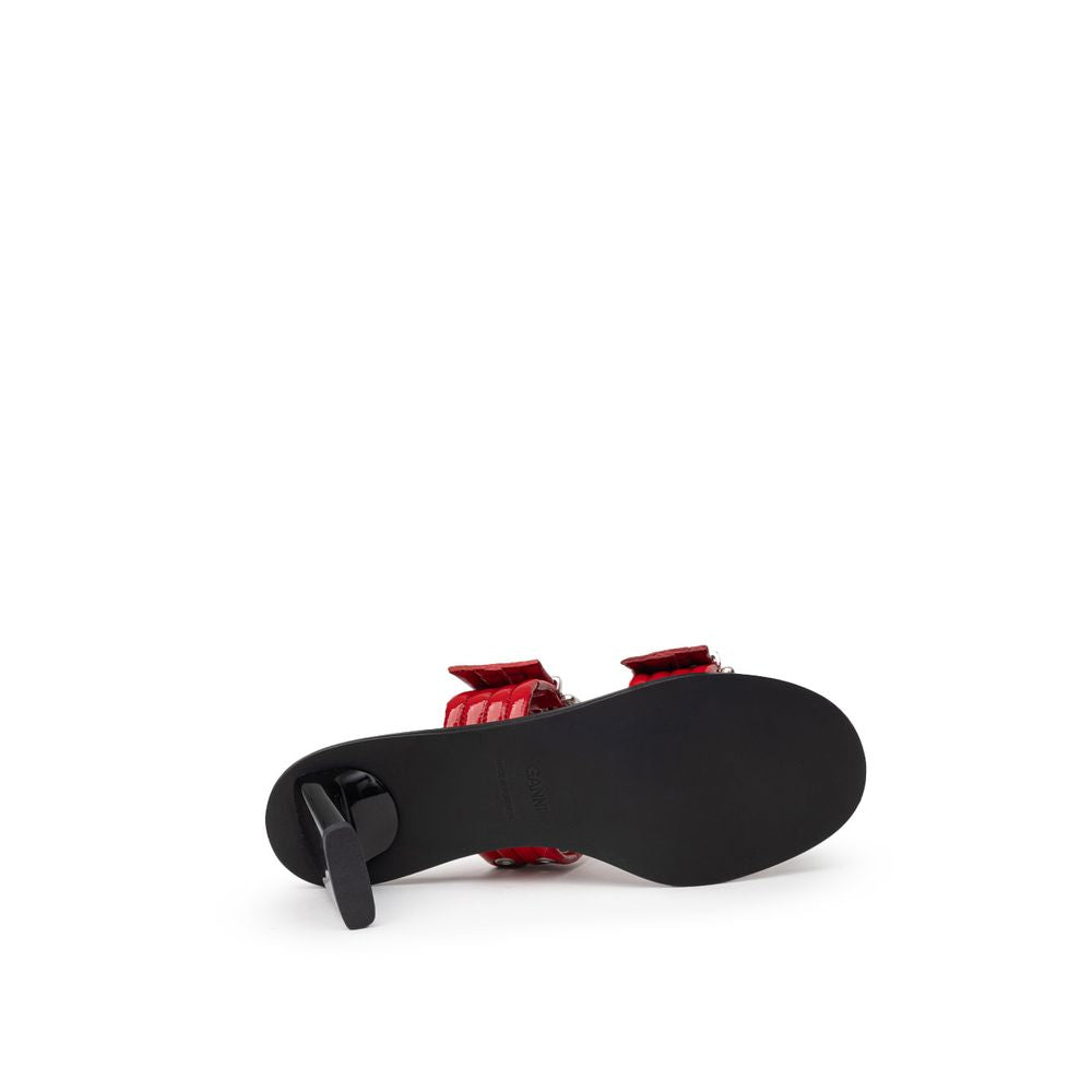 Ganni Red Leather Sandal with Perforated Studs