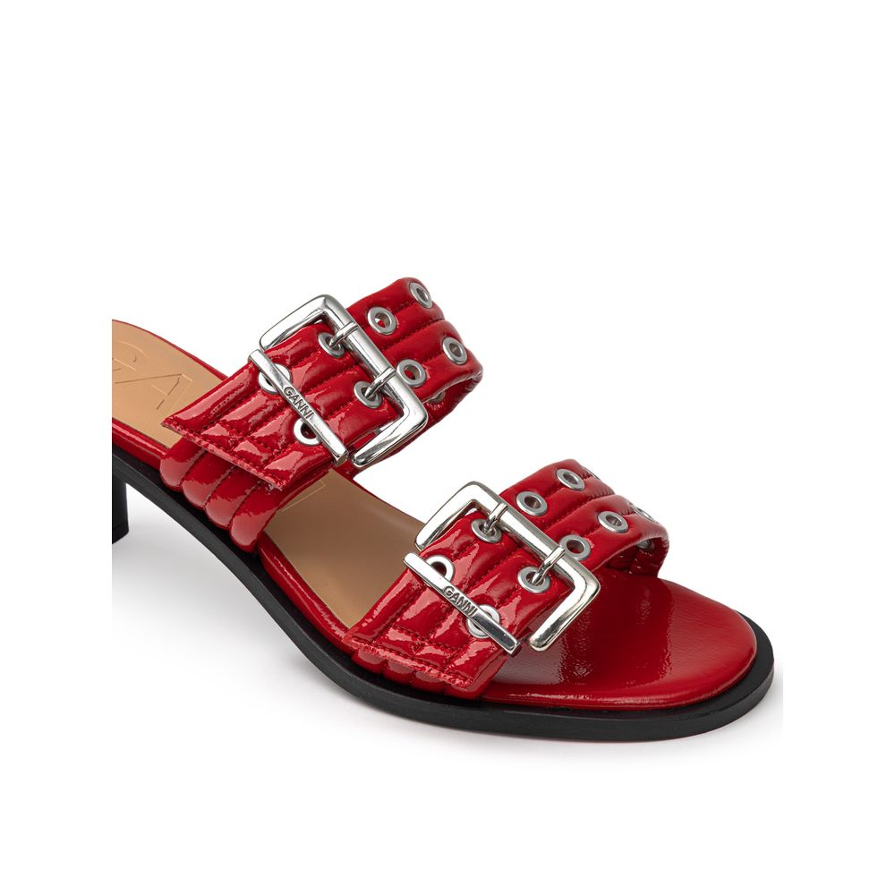 Ganni Red Leather Sandal with Perforated Studs