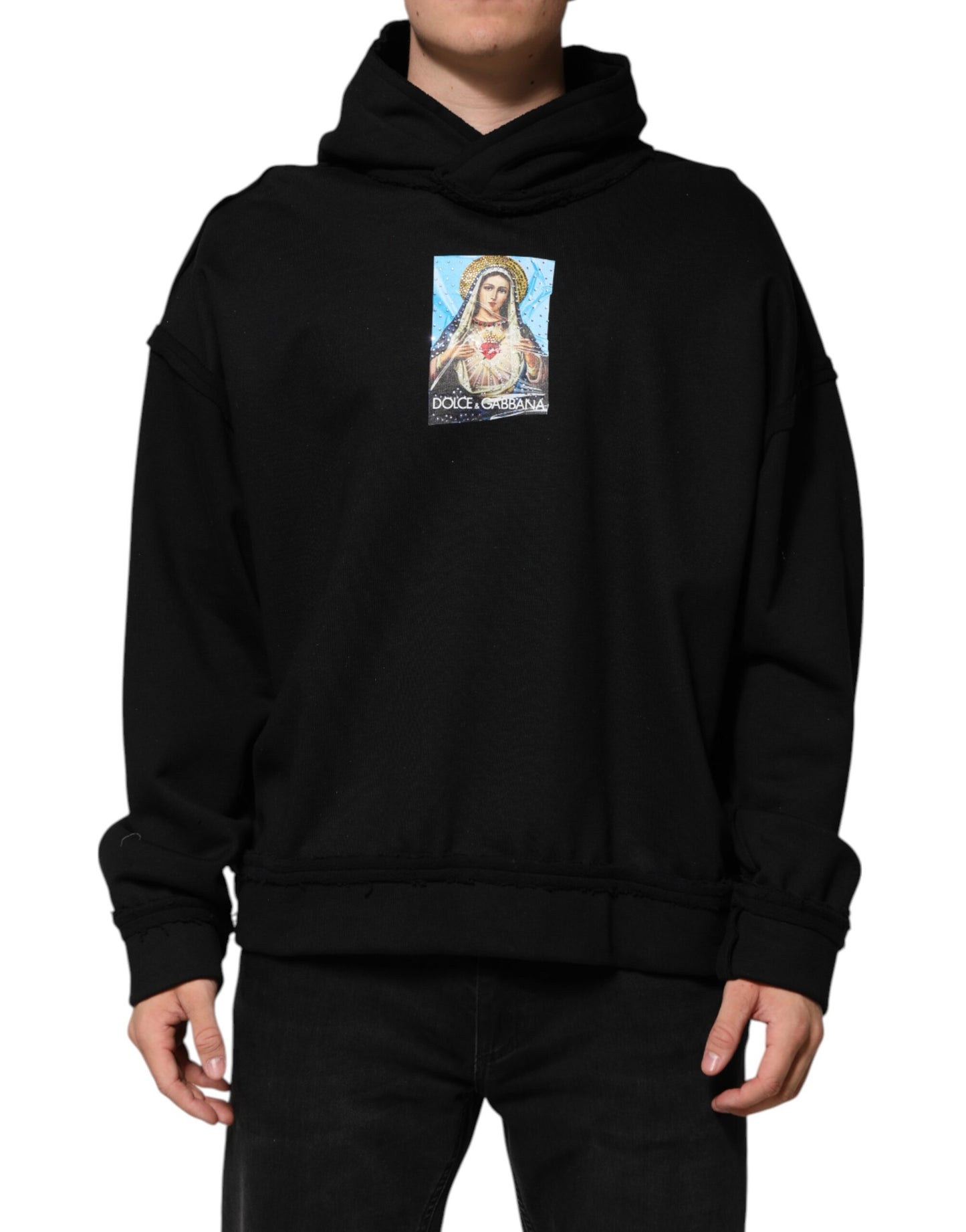 Dolce & Gabbana Black Printed Hoodie with Crystal Embellishments