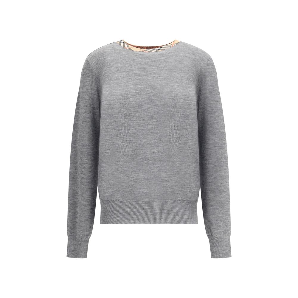 Burberry Knit Roundneck Wool Pullover with Check Trim