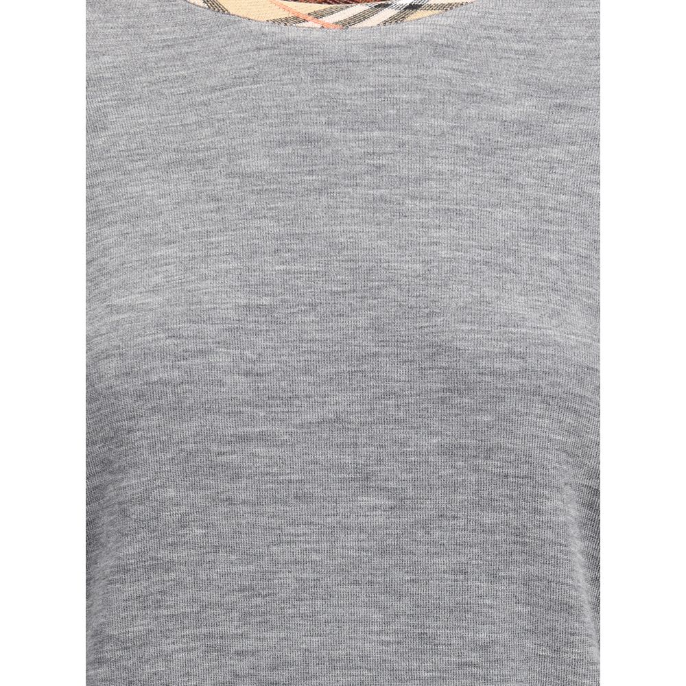 Burberry Knit Roundneck Wool Pullover with Check Trim