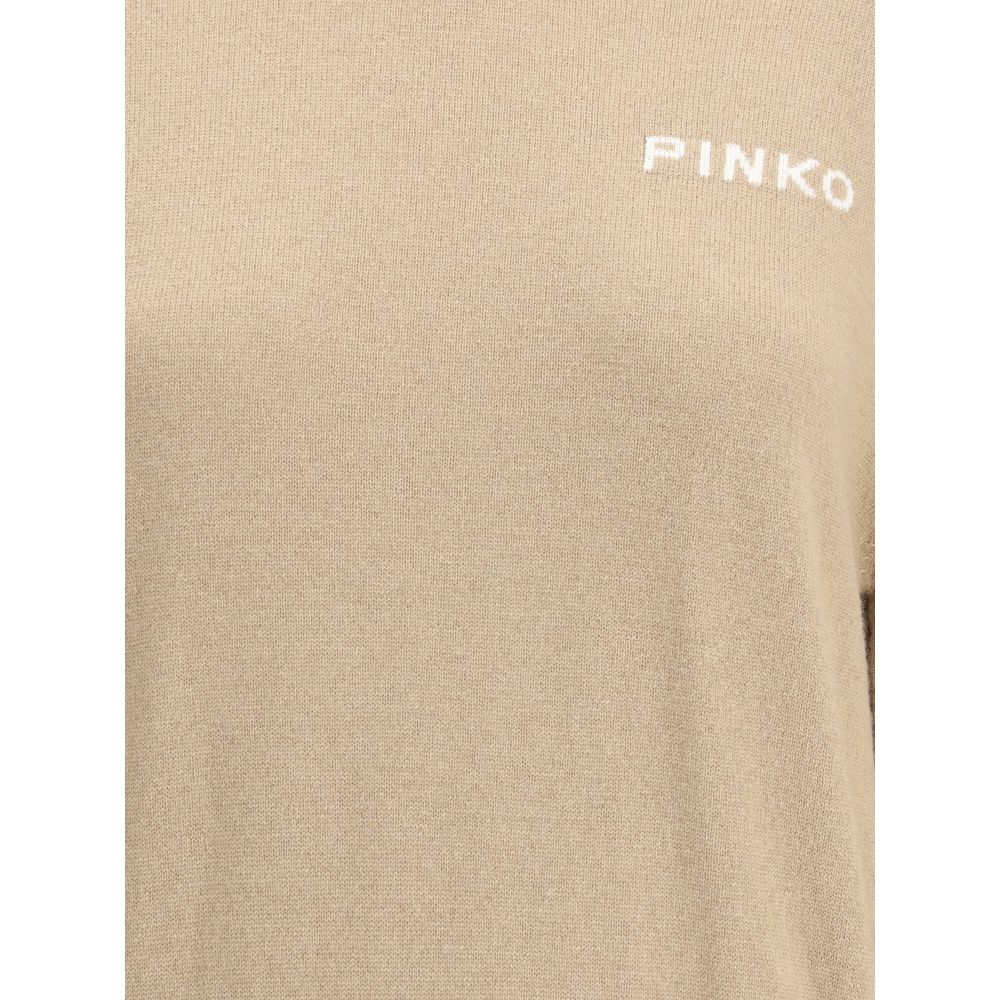 PINKO Beige Two-Birds Logo Wool Blend Sweater