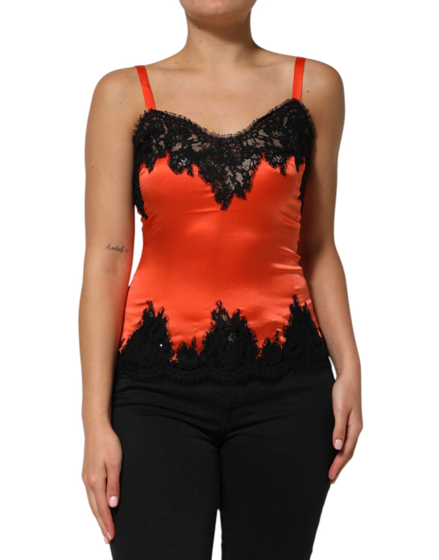 Dolce & Gabbana Red and Black Lace Trim Silk Sleeveless Tank Top