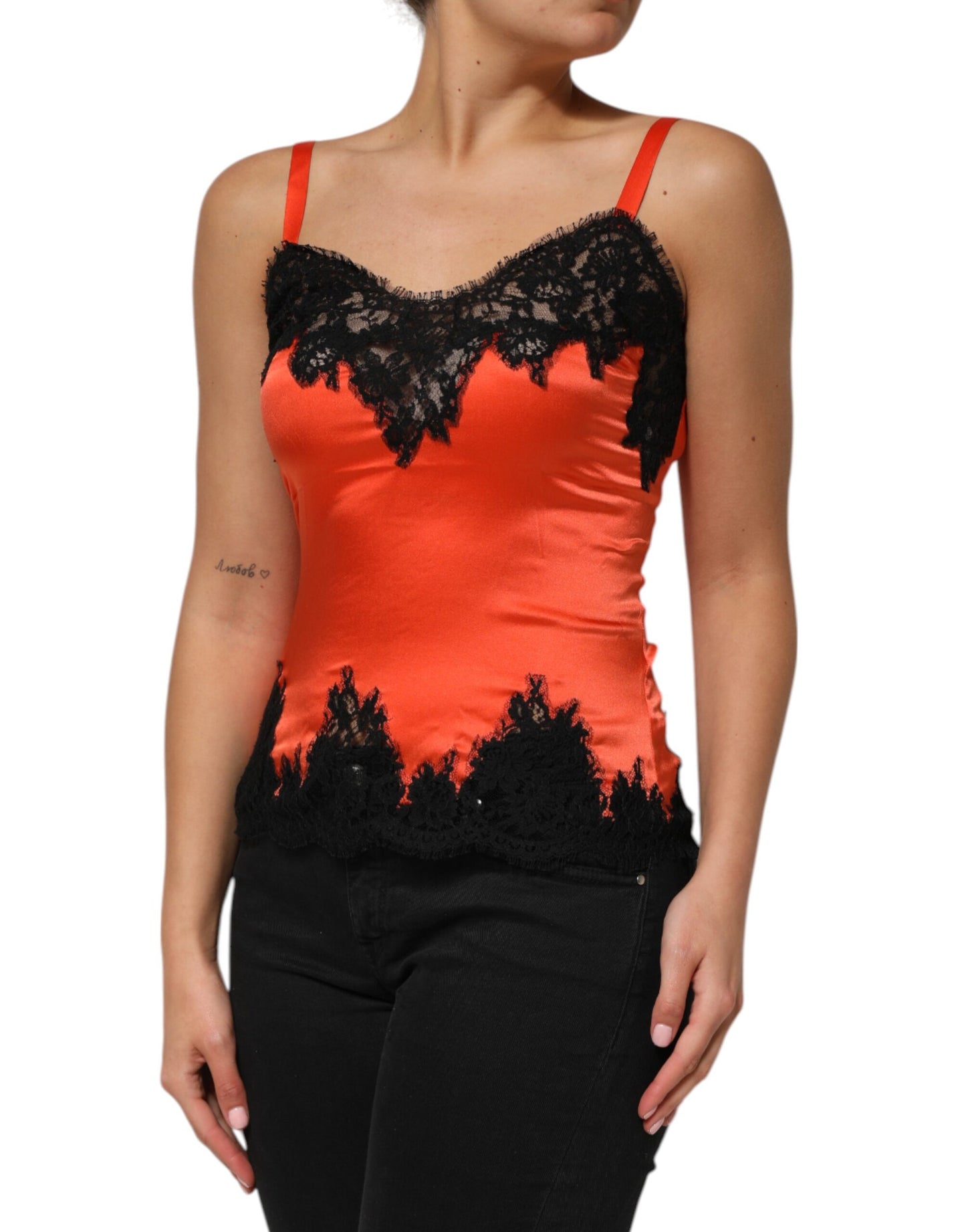 Dolce & Gabbana Red and Black Lace Trim Silk Sleeveless Tank Top
