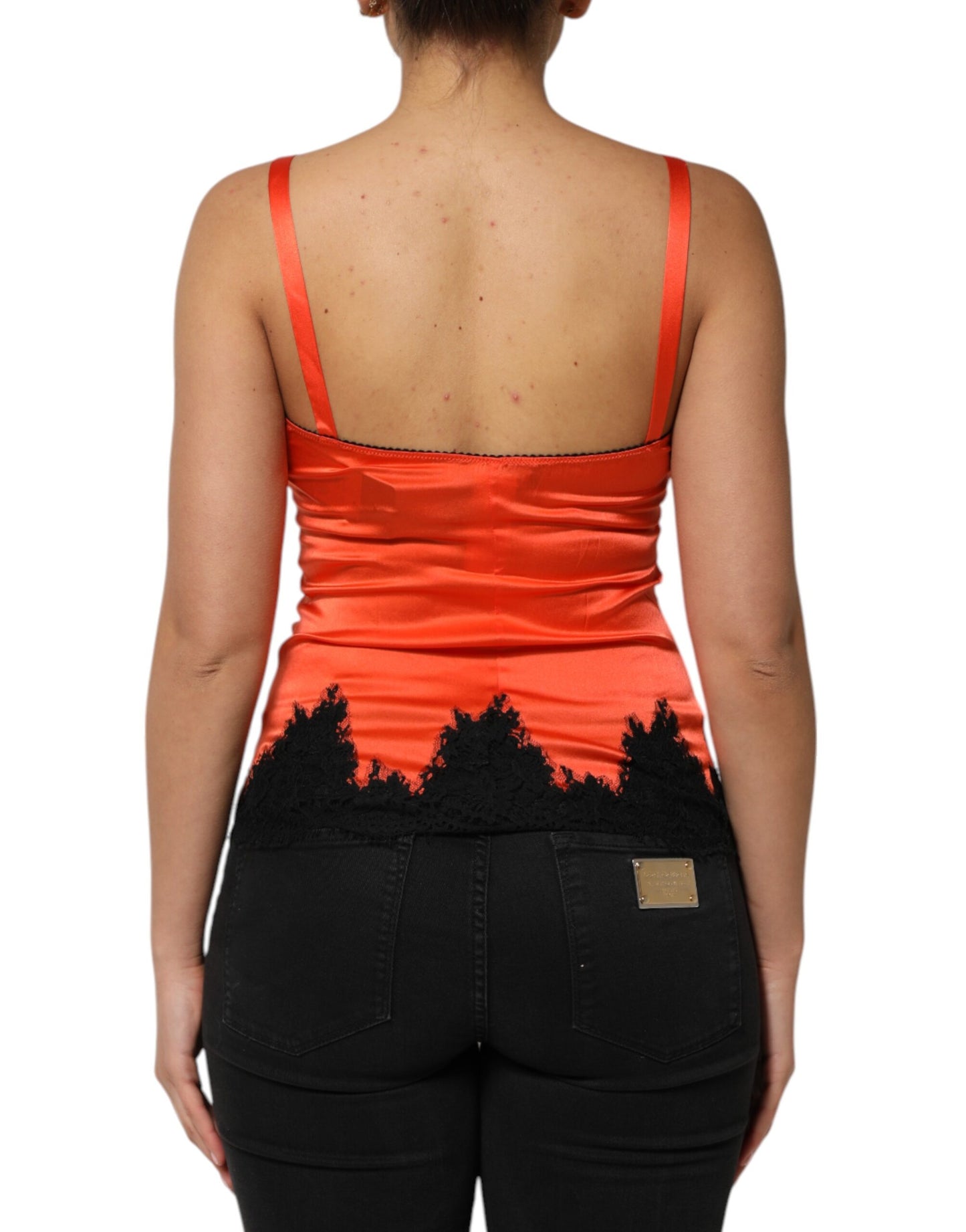 Dolce & Gabbana Red and Black Lace Trim Silk Sleeveless Tank Top