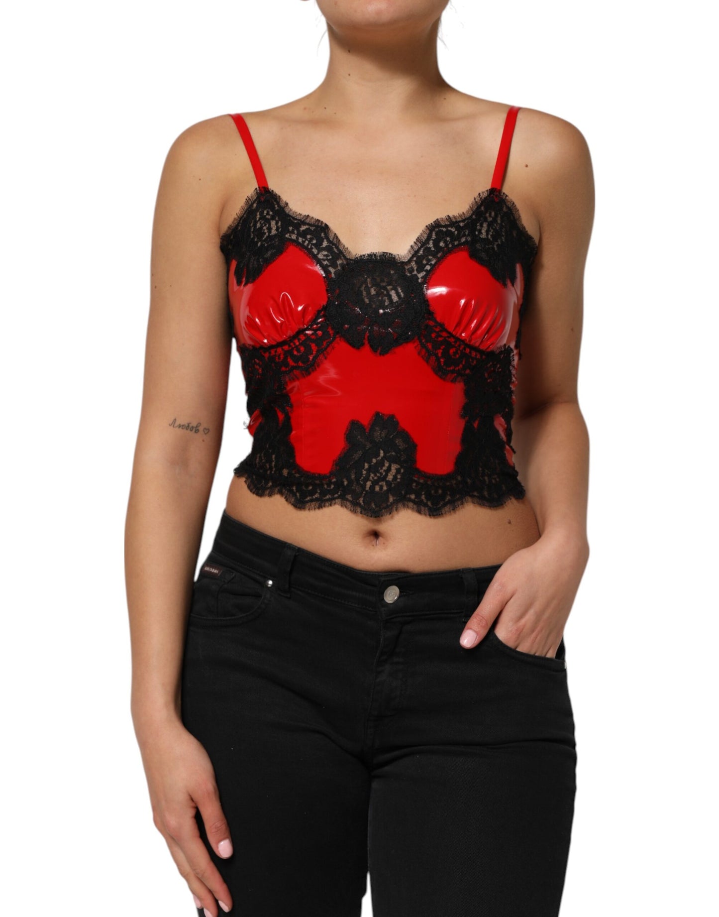 Dolce & Gabbana Red Black Lace Trim Sleeveless Tank Top
